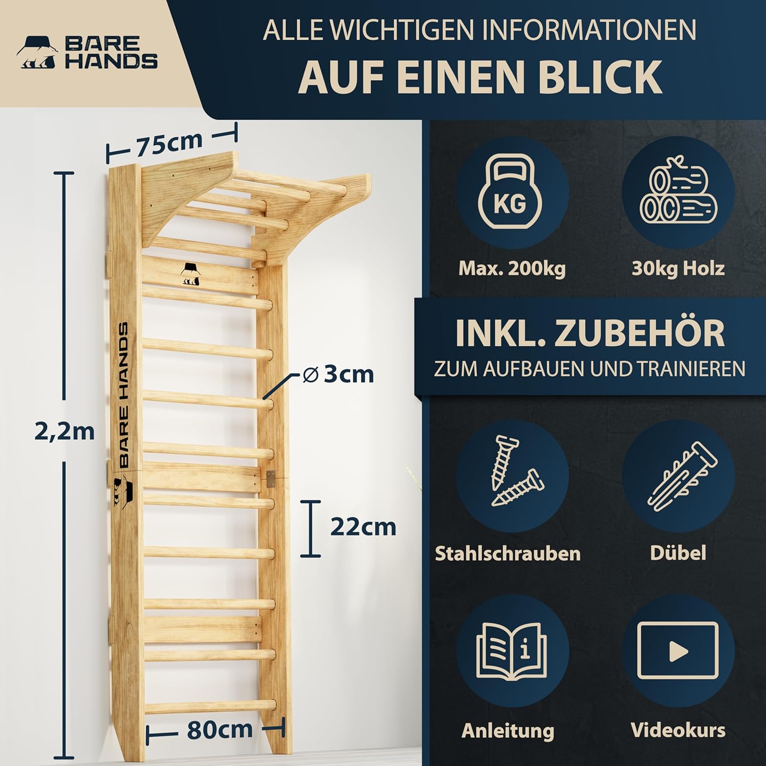 Multifunktionale 3in1 Sprossenwand mit Klimmzugstange für dein Home Gym bis 200 kg von Bare Hands
