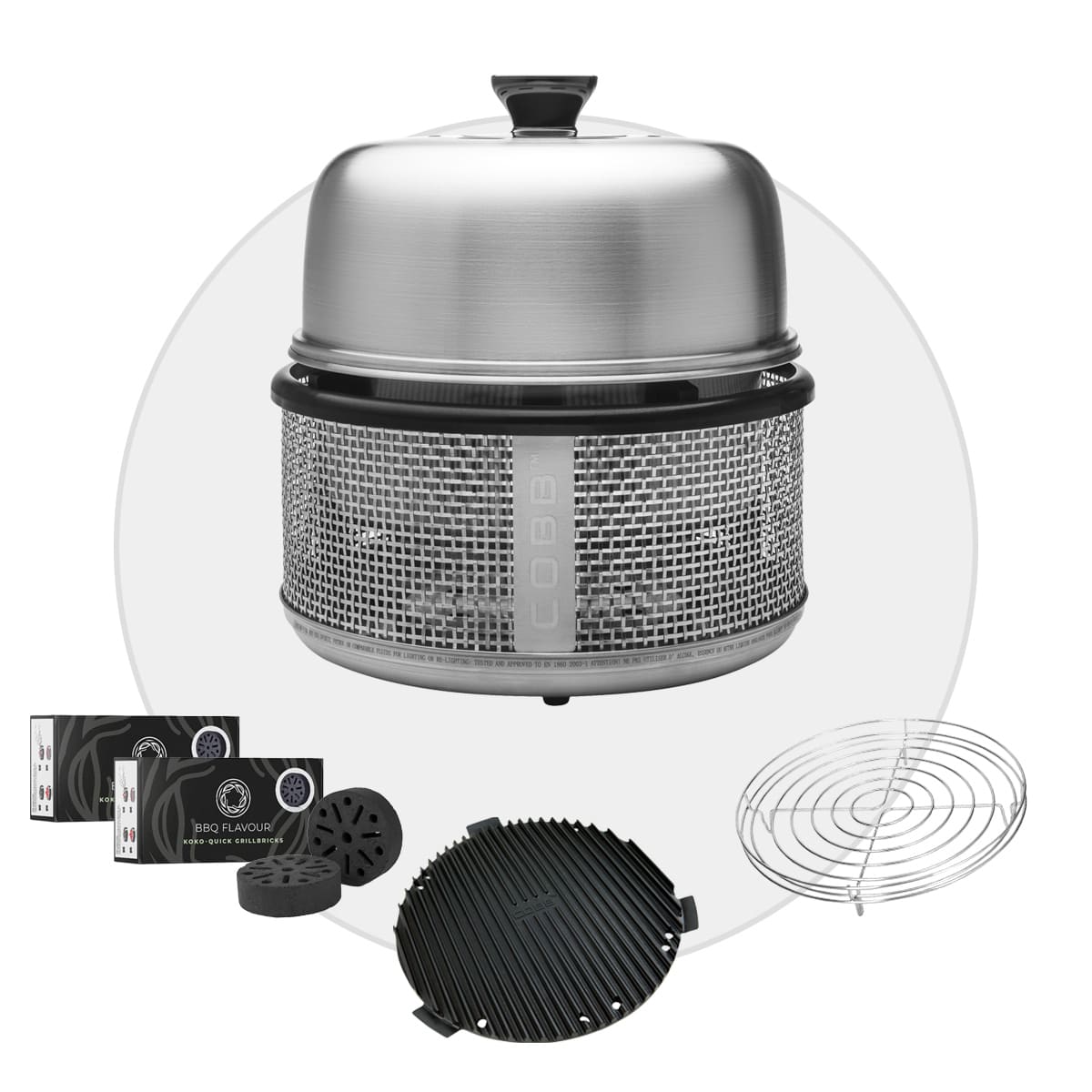COBB Premier AIR DELUXE Grill inkl. Air Deckel & Griddle+ & Bratenrost & BBQ Flavour Quick Koko Briketts
