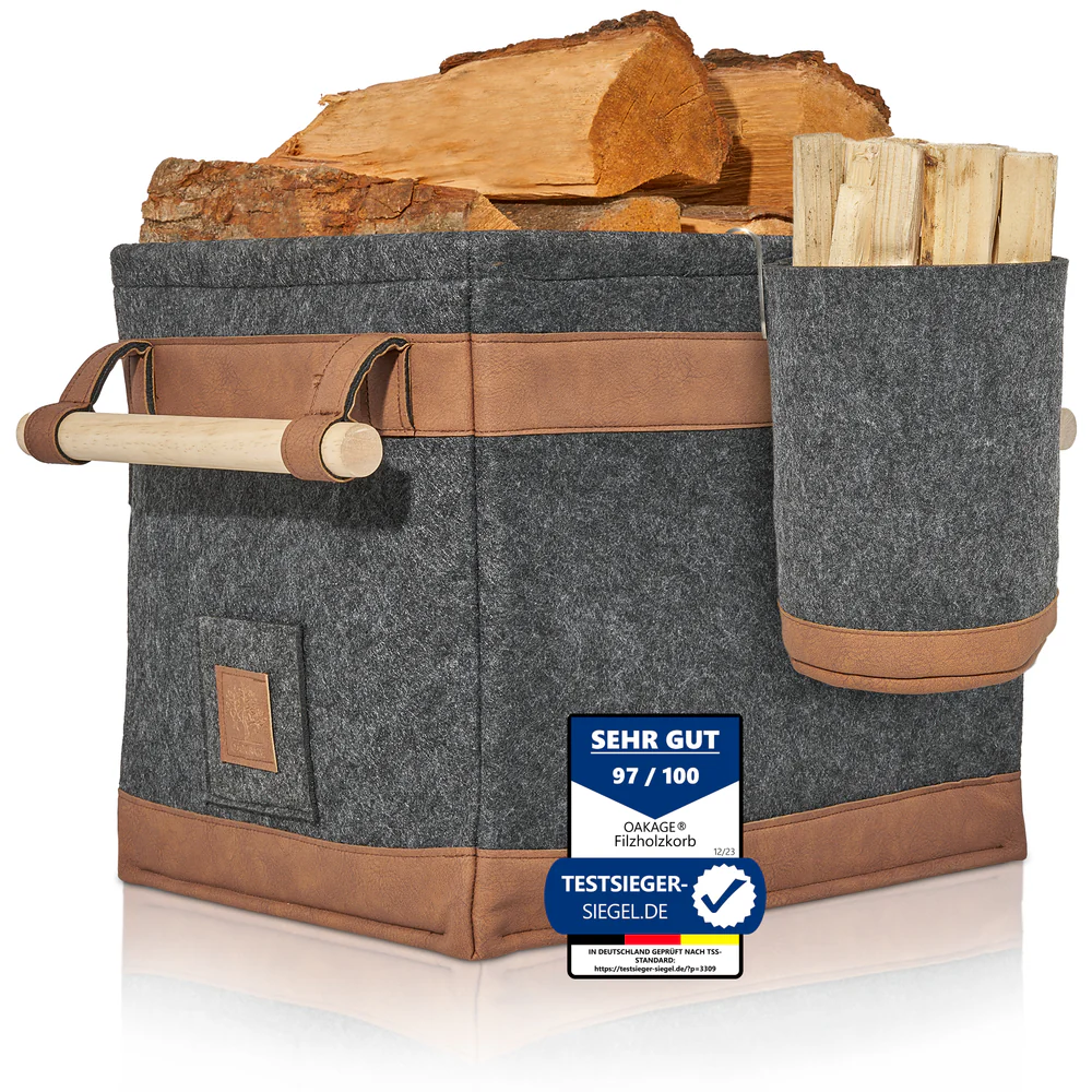 OAKAGE FireMaster Duo Holzkorb Dunkelgrau Filz / Veganes Leder - Einhängbarer Zündholzkorb - 42x32x35cm von OAKAGE OAKAGE FireMaster Duo Holzkorb Dunkelgrau Filz / Veganes Leder - Einhängbarer Zündholzkorb - 42x32x35cm von OAKAGE