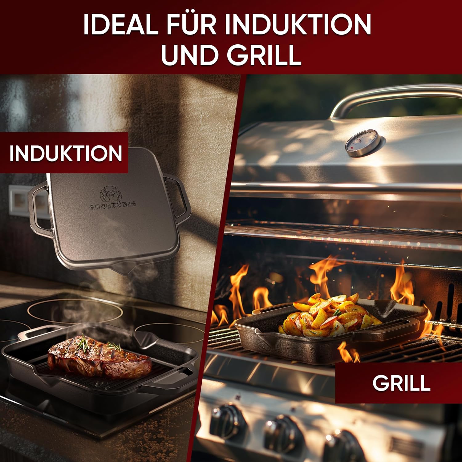 GUSSKÖNIG 30cm quadratische Gusseisenpfanne Pfanne Gusseisen - Grillpfanne Induktion von GUSSKÖNIG