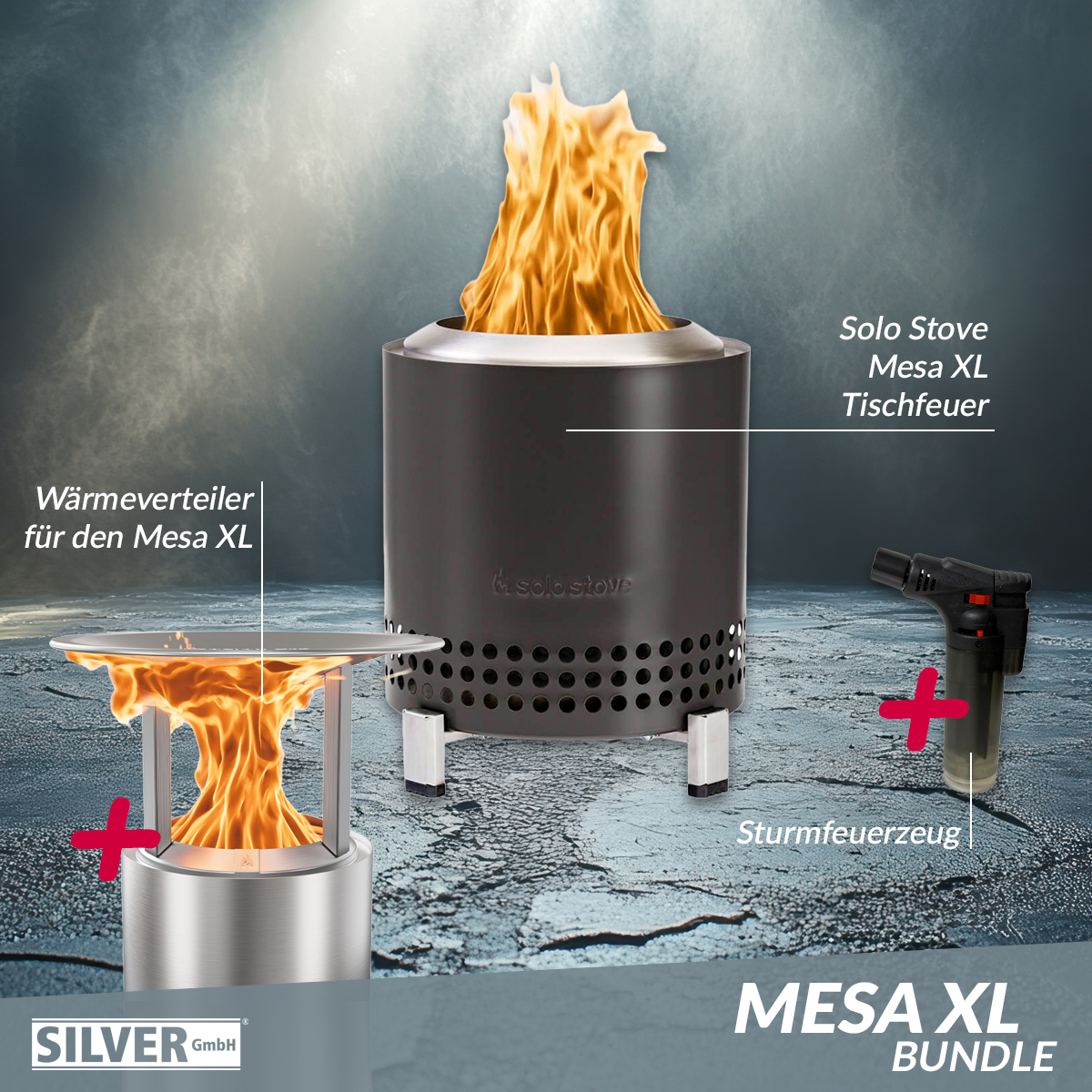 Solo Stove Mesa XL Tischfeuer Ø 17,8cm Tischkamin Outdoor Ash / Anthrazit & Mesa XL Wärmeverteiler