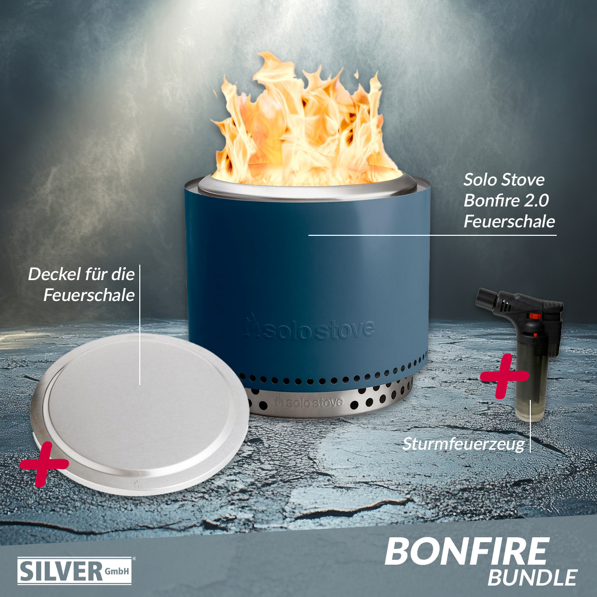 Solo Stove BONFIRE 2.0 + STAND Water + Edelstahl Deckel + Sturmfeuerzeug