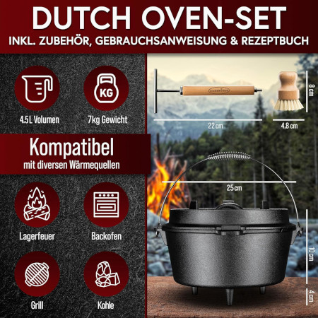 GUSSKÖNIG 4,5 Liter Dutch Oven Set mit Füßen | Eingebrannter Feuertopf | 2in1 Deckelheber | Bürste von GUSSKÖNIG