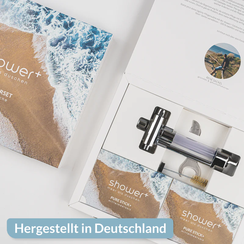 Starterset Salzdusche mit Base+ und 14 PURE Salz Sticks aus naturreinem Meersalz - Made in Germany von shower+