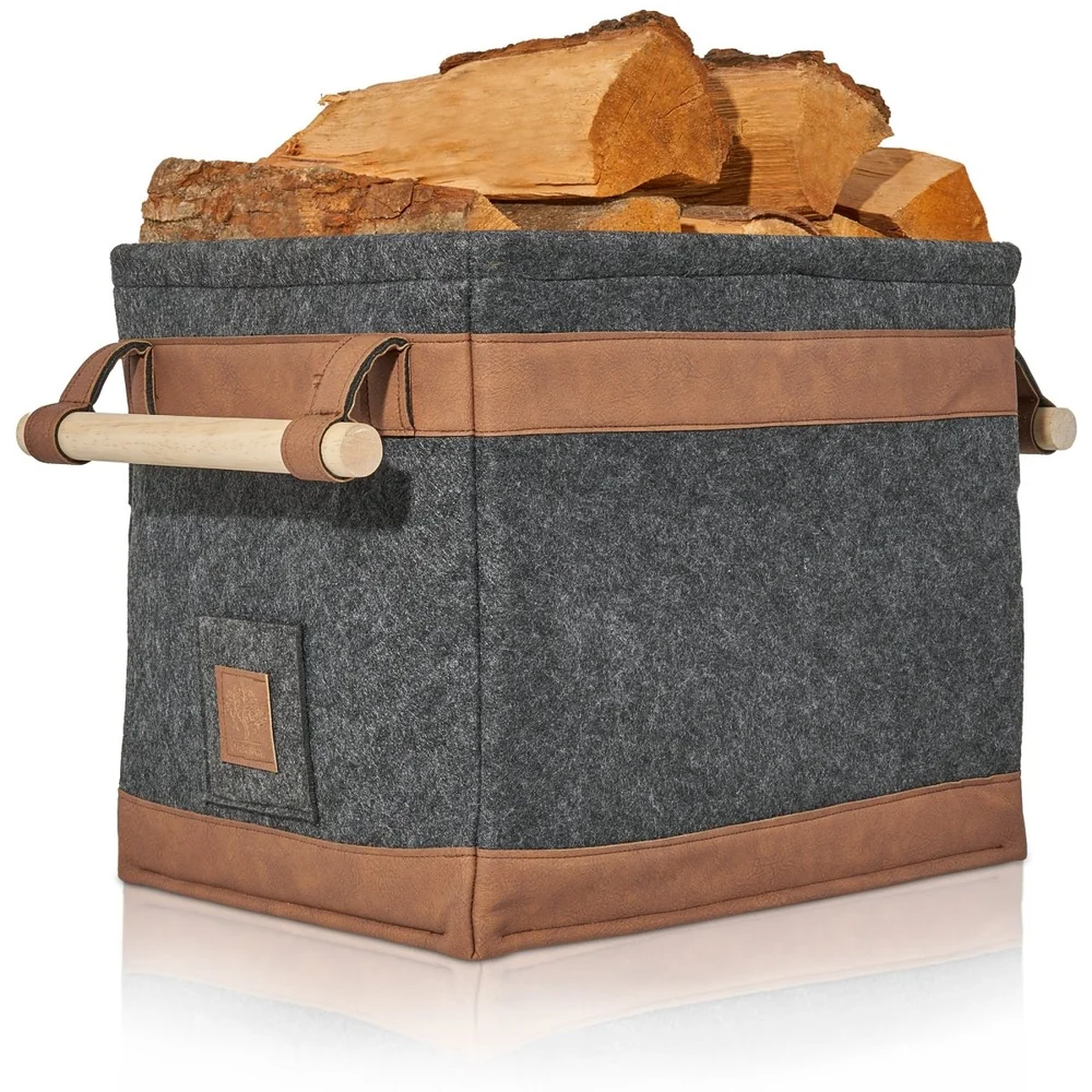 OAKAGE FireMaster Holzkorb Dunkelgrau aus recyceltem Filz mit Buchenholzgriffen - 35x42x35cm von OAKAGE