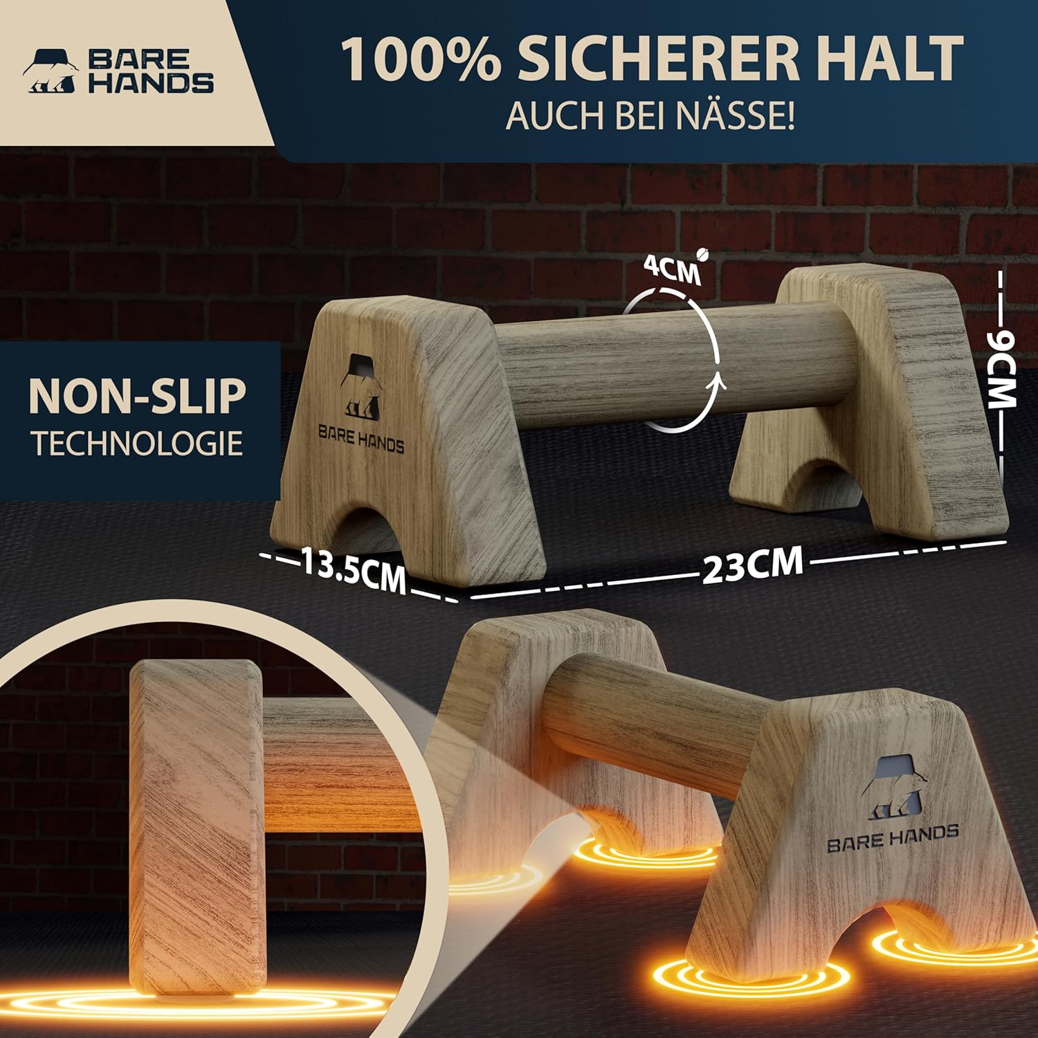 BARE HANDS 2x Liegestützgriffe Größe S aus dunklem Holz gelenksschonend rutschfest für Calisthenics Indoor und Outdoor ideal für Liegestütze und Handstand von BARE HANDS