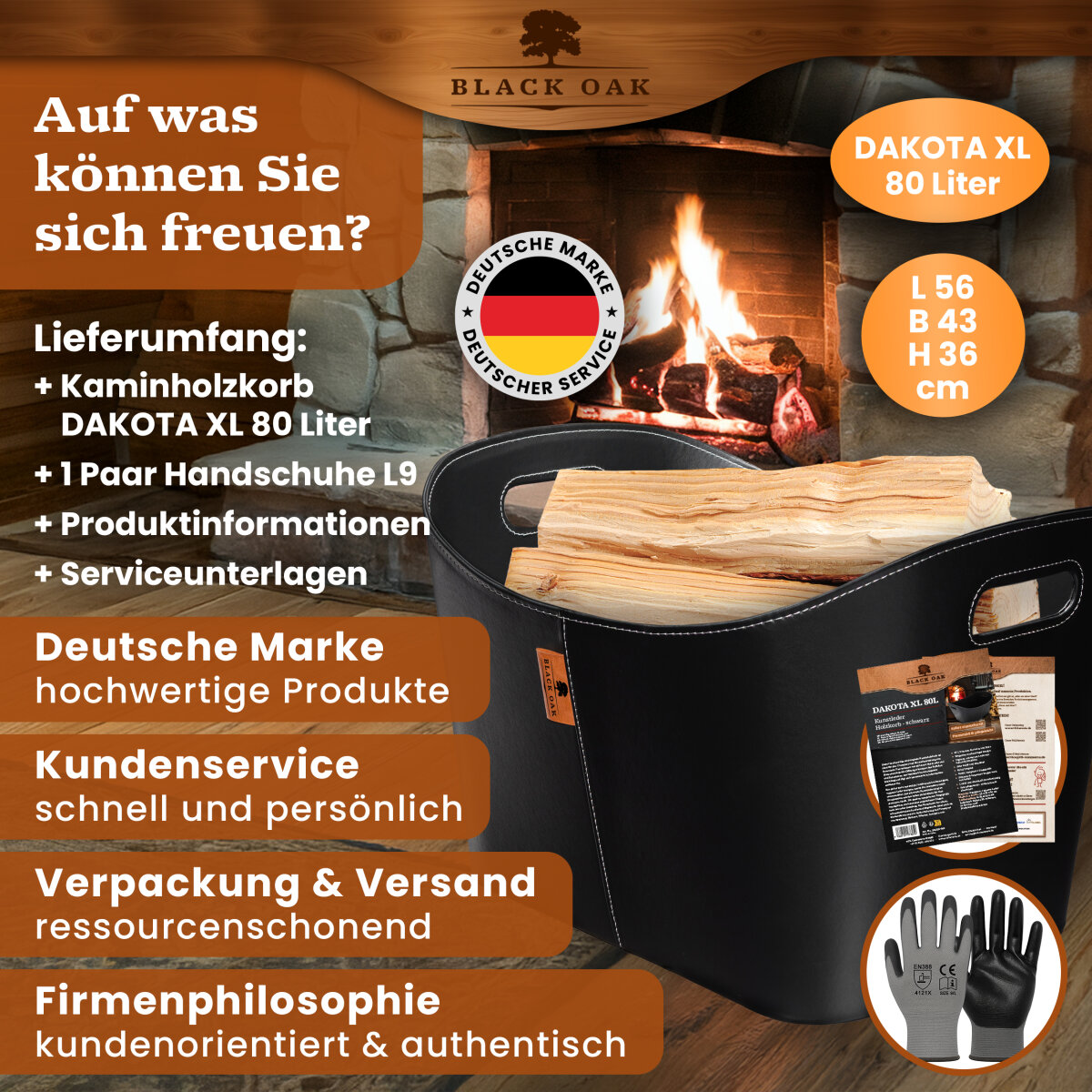 BLACK OAK DAKOTA XL 80L Holzkorb Kunstleder schwarz + Handschuhe grau