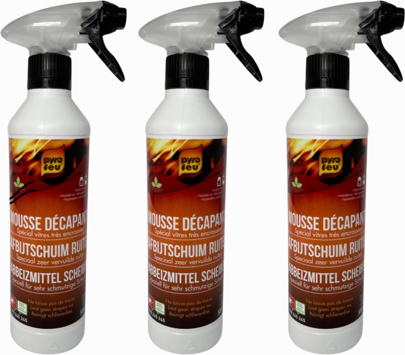 3x pyro feu Reinigungsschaum Hochwirksamer Glasschaumreiniger für Kamin- Ofen- und Herdgläser | 500ml