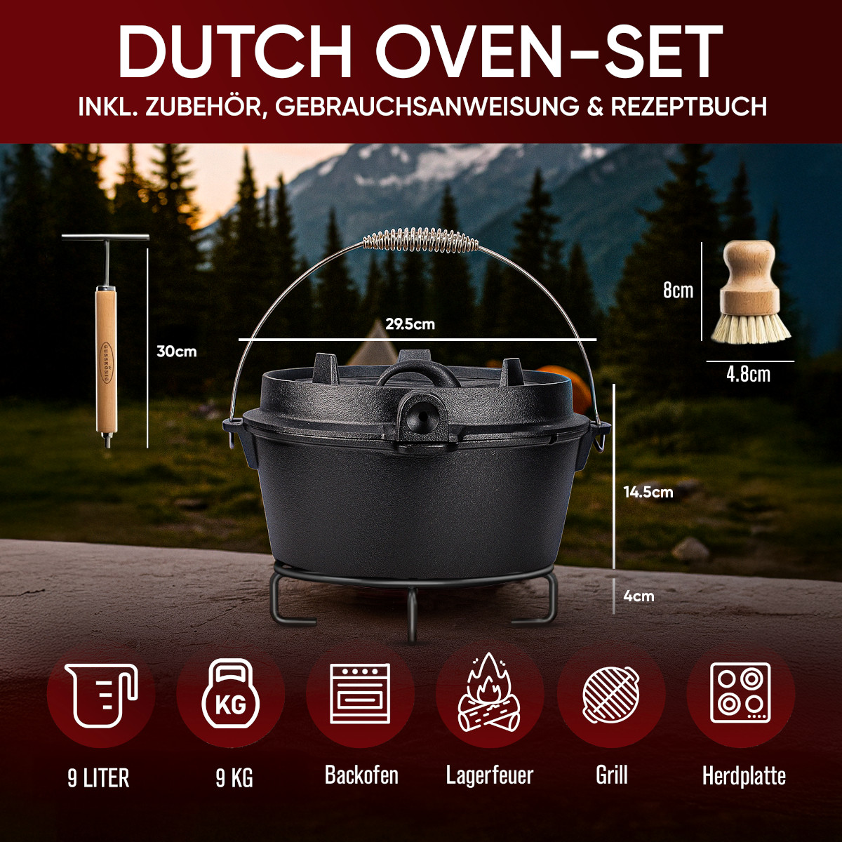 GUSSKÖNIG 9 Liter Dutch Oven Set ohne Füße mit 2in1 Deckelheber von GUSSKÖNIG