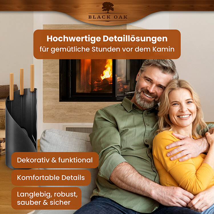 BLACK OAK Kaminbesteck Vail 4-teilig mit Holzgriff inkl. Lederhandschuh von BLACK OAK