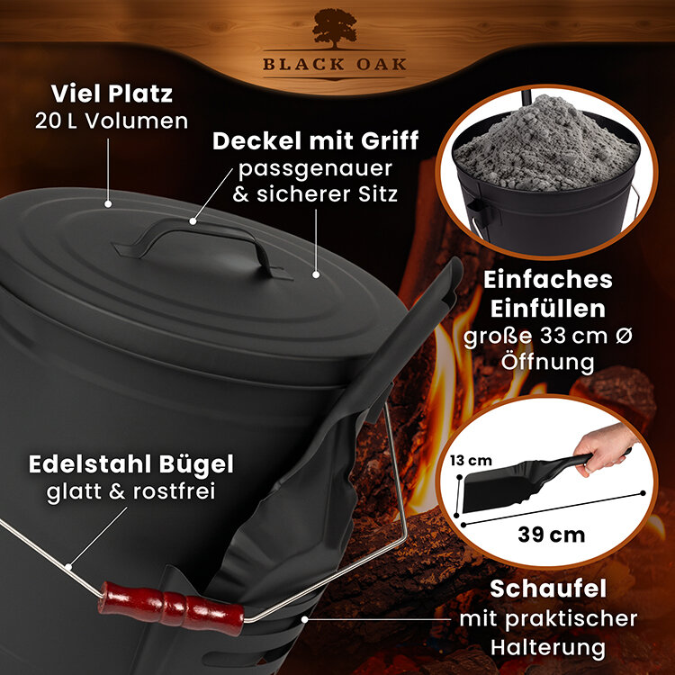 BLACK OAK Stromboli Ascheeimer 20 Liter mit Deckel und Schaufel