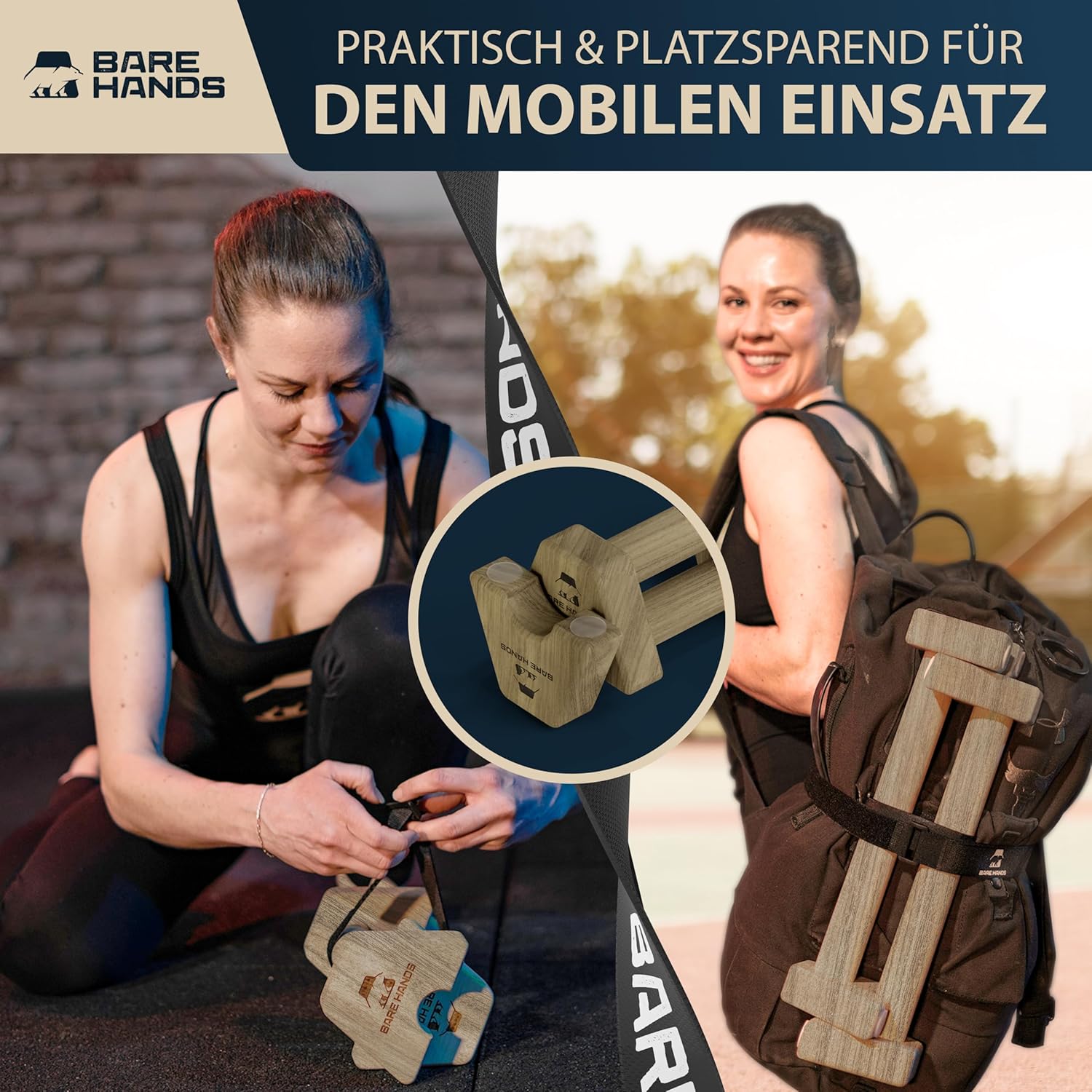 BARE HANDS Liegestützgriffe Größe M aus dunklem Holz rutschfest und gelenkschonend für Calisthenics Indoor und Outdoor von Bare Hands