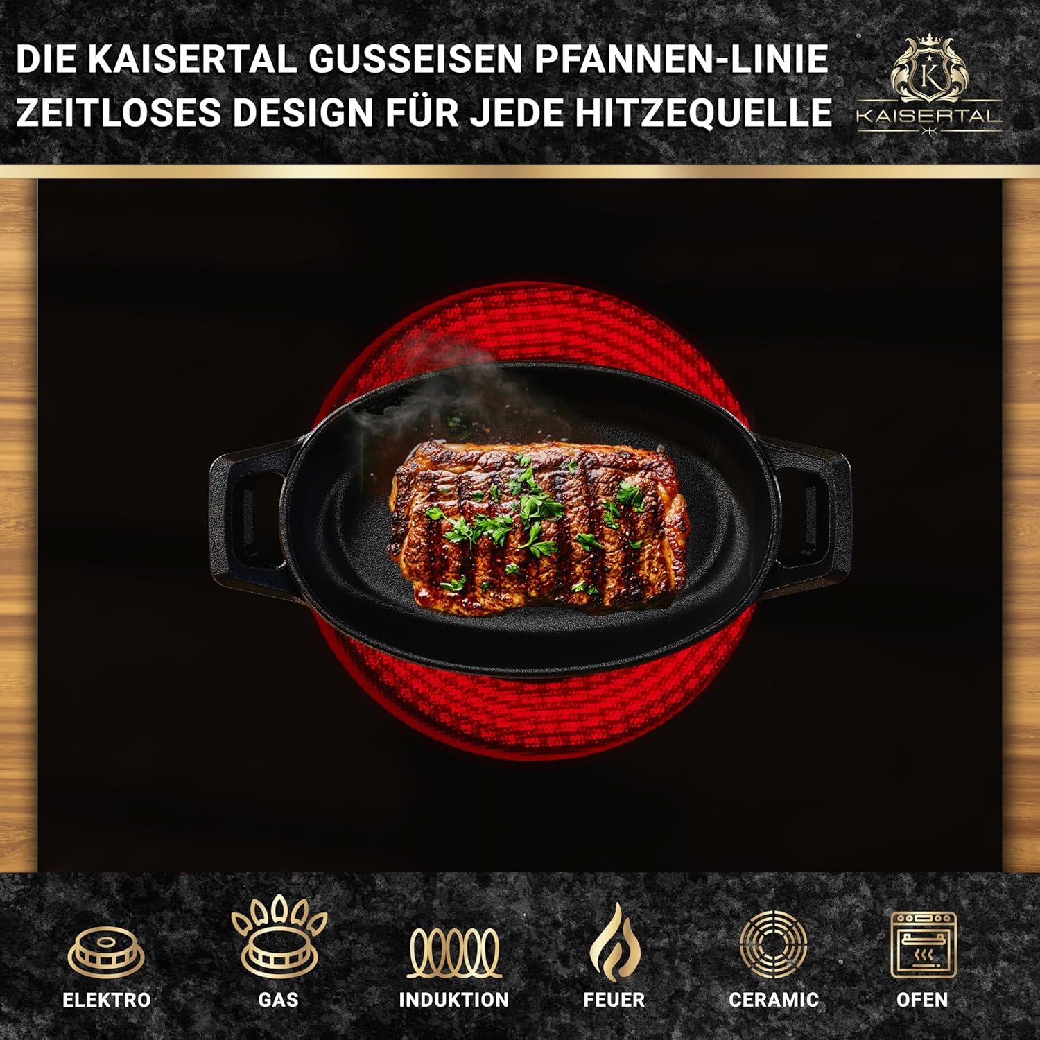 KAISERTAL Servierpfanne Gusseisen Oval 15x10 cm - Pfanne mit 2 Griffen & Holzuntersetzer von KAISERTAL