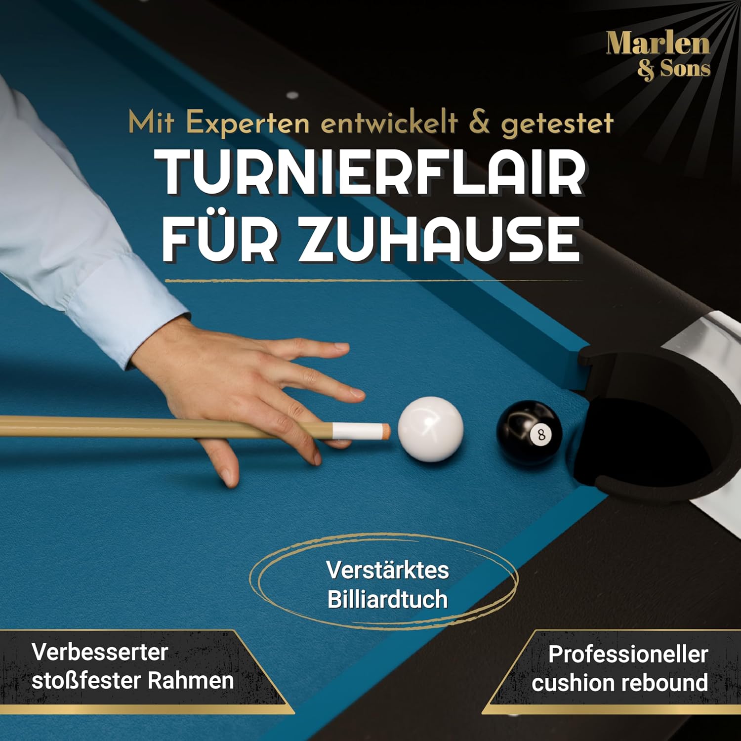 Marlen & Sons Billardtisch - CueMaster 8FT Billard Tisch mit Auto Kugelrückführung - Billardtisch 244 x 132 cm inkl. Zubehör-Komplettset von Marlen & Sons