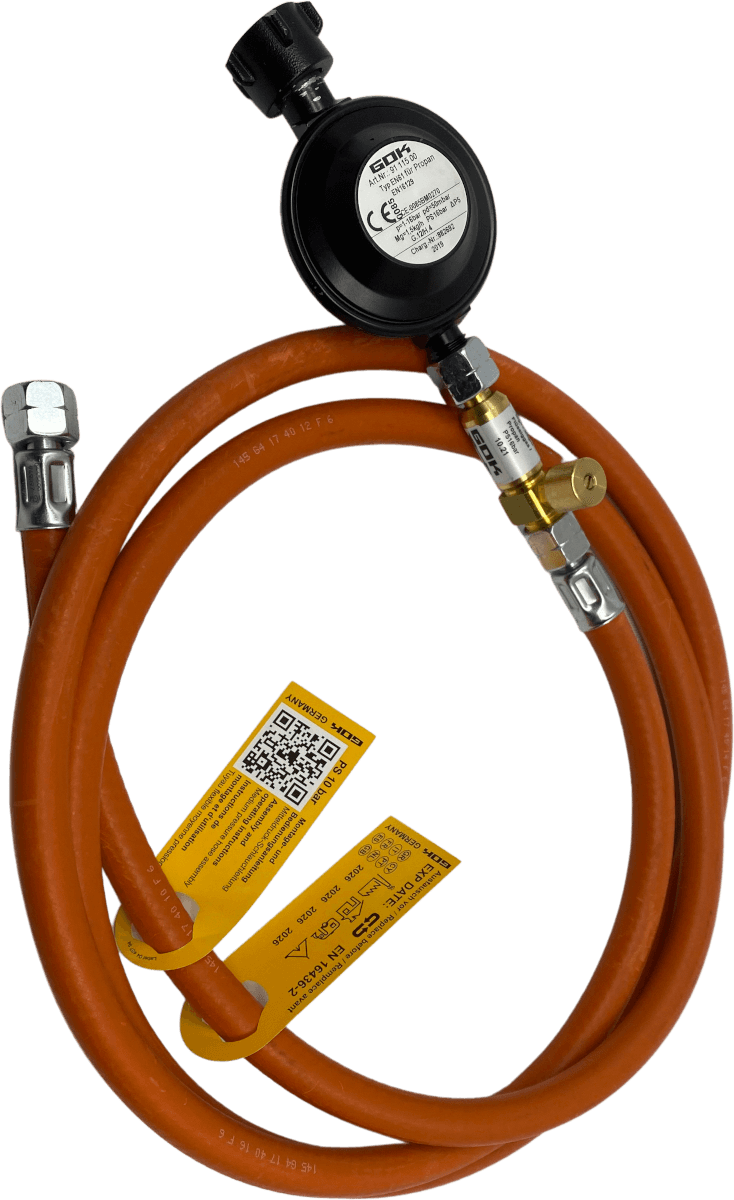 2m Adapter Set für 50mbar Grills zum Anschluss auf 5kg - 11kg Gasflasche (GD50-2) von GOK 2m Adapter Set für 50mbar Grills zum Anschluss auf 5kg - 11kg Gasflasche (GD50-2) von GOK