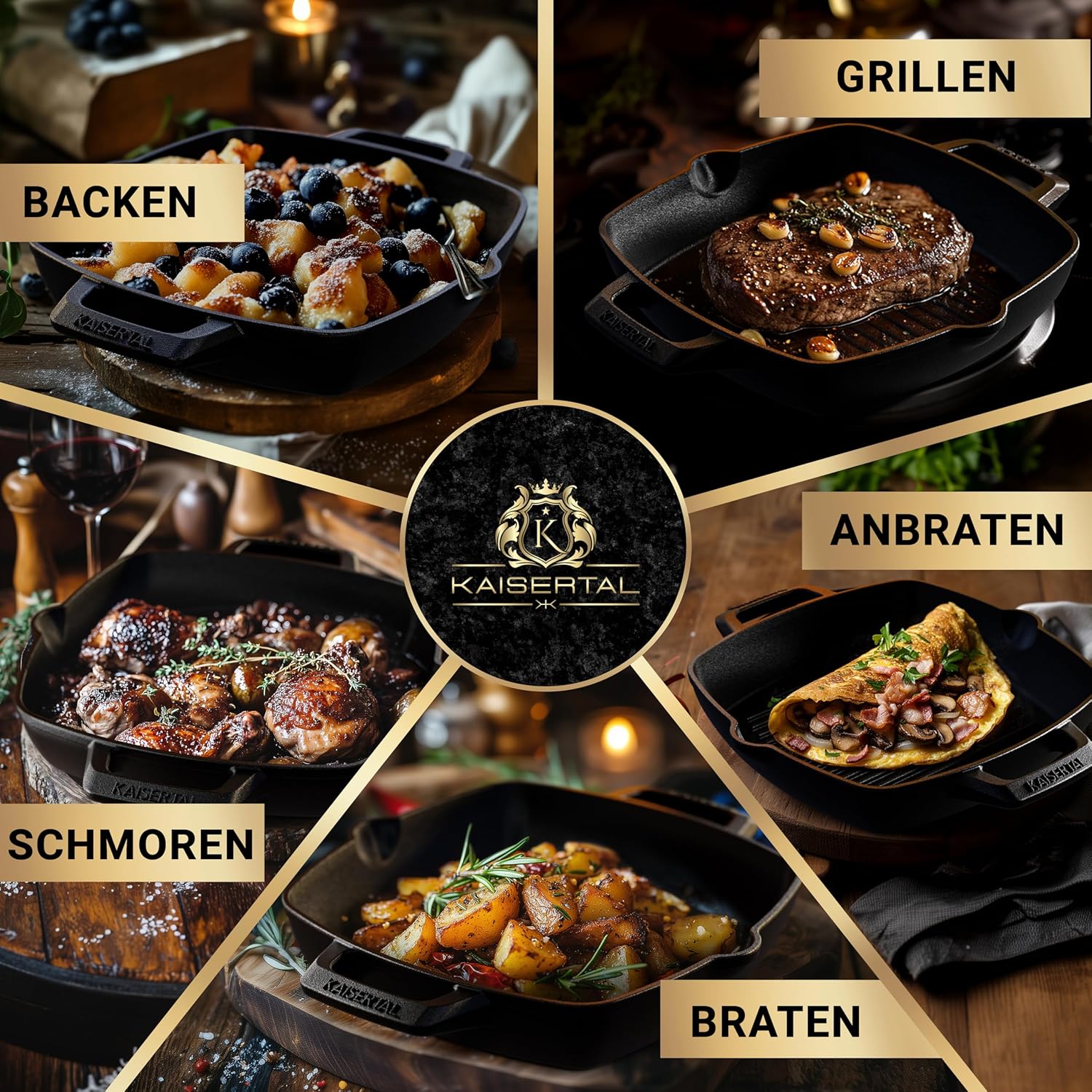 KAISERTAL Gusseisen Grillpfanne 26 cm Eingebrannt - Quadratisch mit Doppelgriff von KAISERTAL