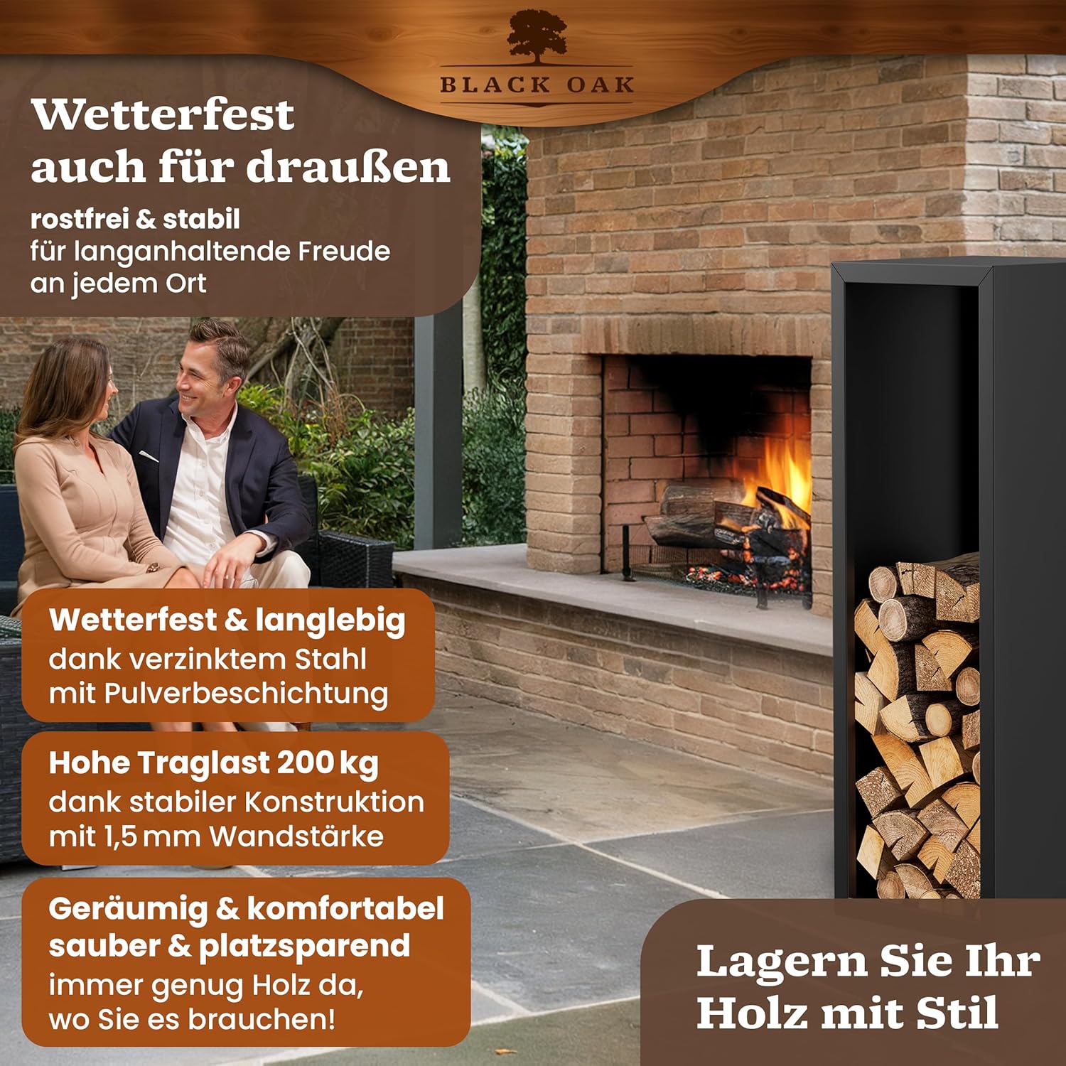 BLACK OAK Kaminholzregal Yellowstone schwarz matt bis 200kg - 113 × 38 × 35 cm von BLACK OAK