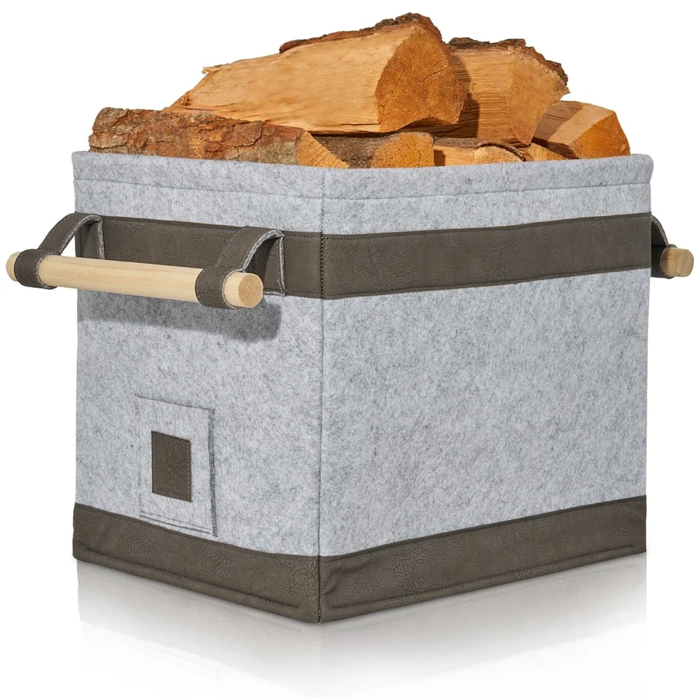 OAKAGE FireMaster Holzkorb Dunkelgrau aus recyceltem Filz mit Buchenholzgriffen - 35x42x35cm