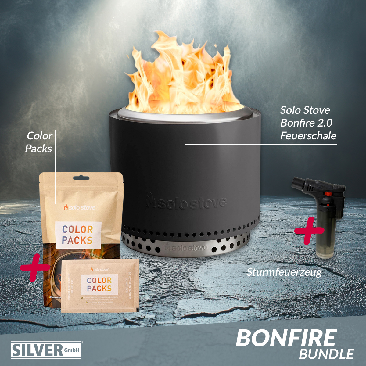 Solo Stove BONFIRE 2.0 + STAND Ash / Anthrazit + Buntes Feuer + Sturmfeuerzeug