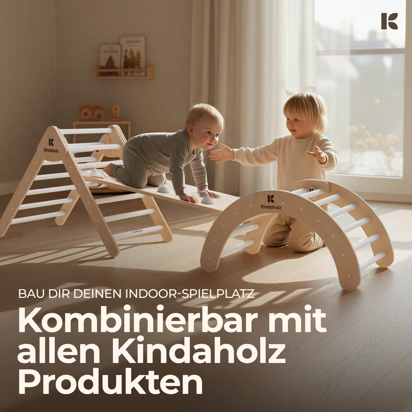 Kindaholz SAMI Kletterdreieck mit NOAH Rutschrampe Weiß Indoor Kletterset aus FSC Holz von Kindaholz