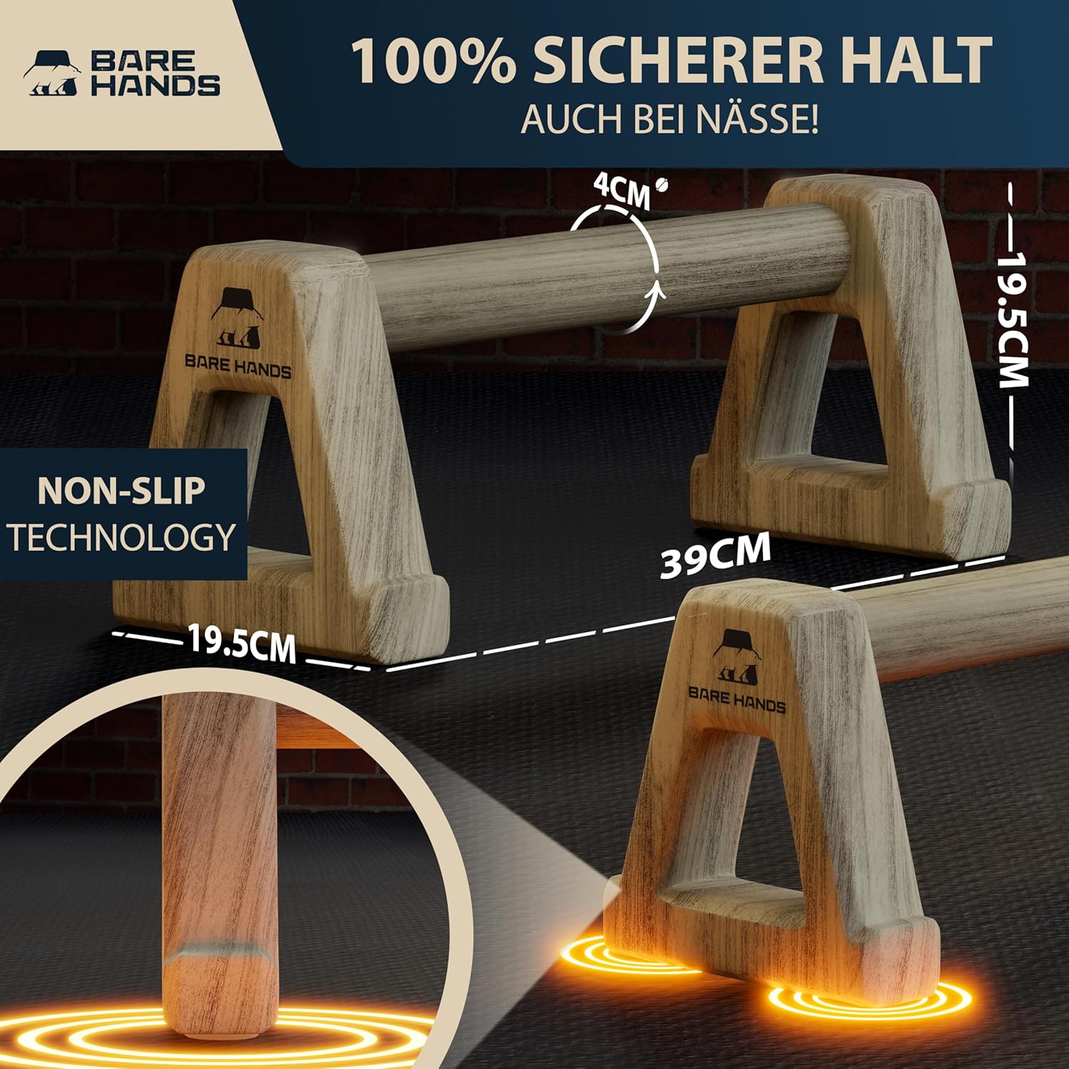 BARE HANDS 2x Liegestützgriffe Größe XL aus dunklem Holz gelenksschonend rutschfest für Calisthenics Indoor und Outdoor ideal für Liegestütze und Handstand von BARE HANDS