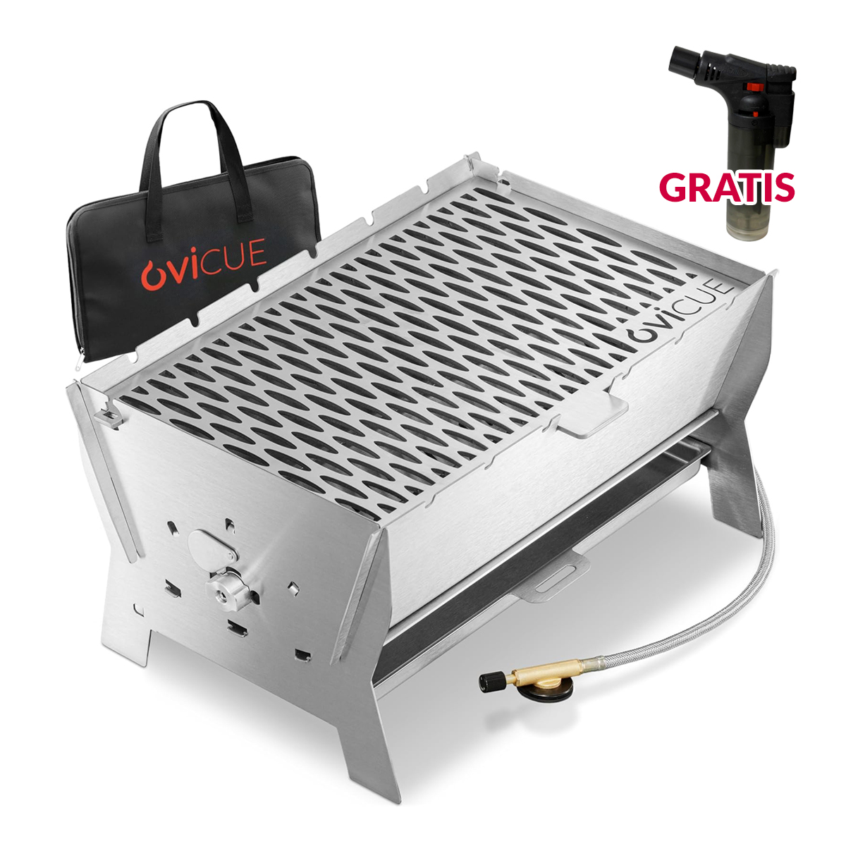 Ovicue L Kompaktgrill mobiler Steck Gasgrill und Holzkohlegrill für flexibles Grillvergnügen überall mit 3,5 kW Leistung
