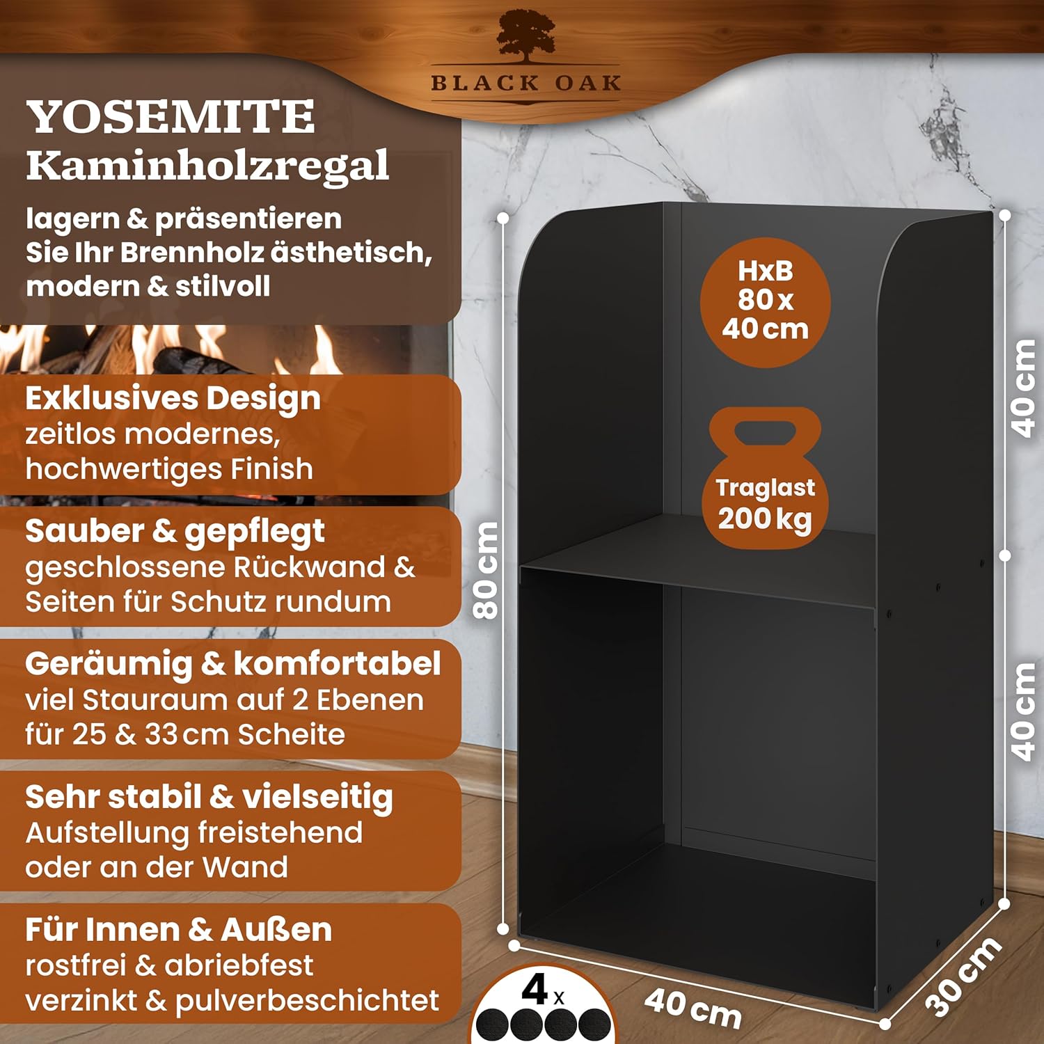 BLACK OAK Kaminholzregal Yosemite schwarz bis 200kg - 80 × 40 × 30 cm von BLACK OAK
