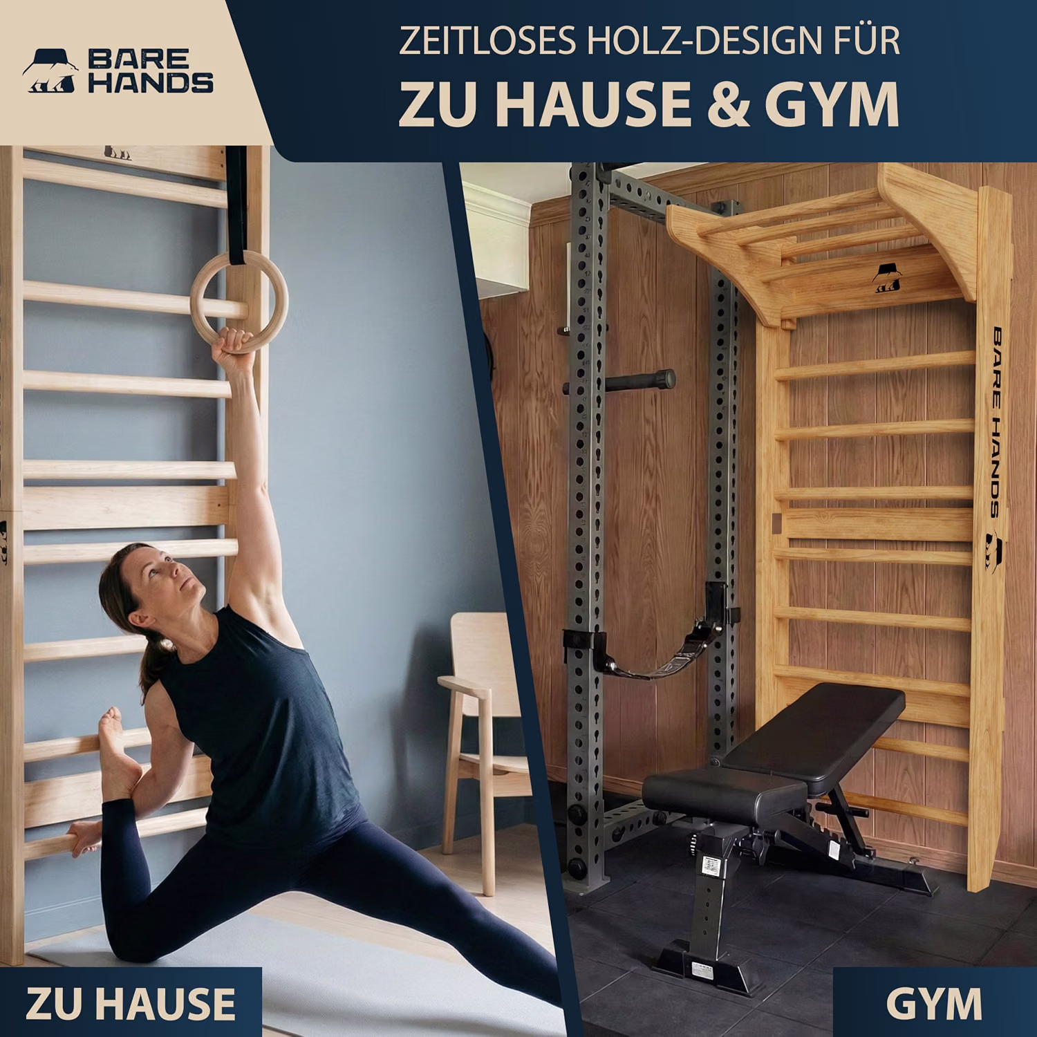 BARE HANDS 3in1 Sprossenwand aus Holz mit Klimmzugstange & Dipstange | Home Gym für Erwachsene & Kinder | bis 200 kg