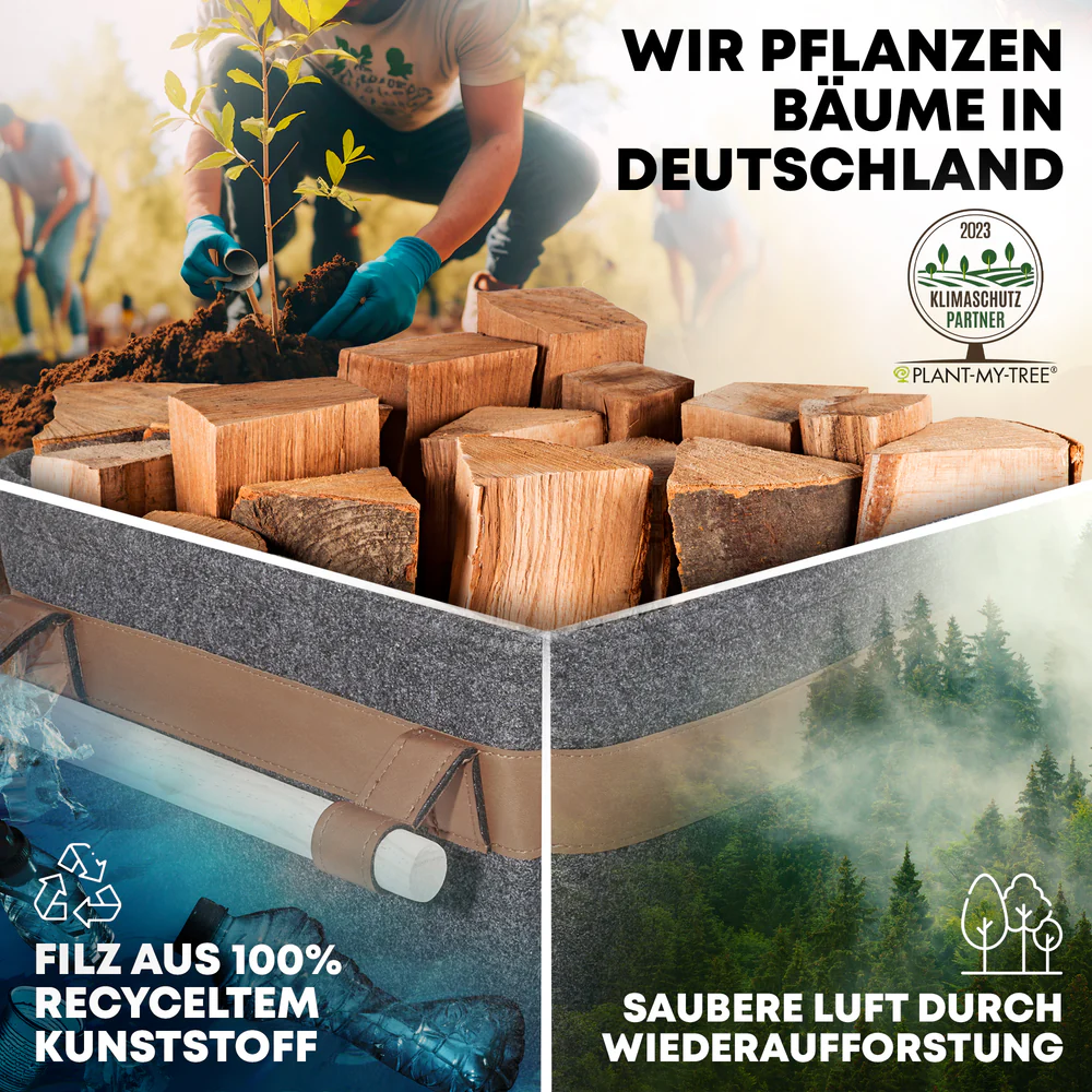 OAKAGE FireMaster Holzkorb Dunkelgrau Filz / Veganes Leder - 42x32x35cm von OAKAGE