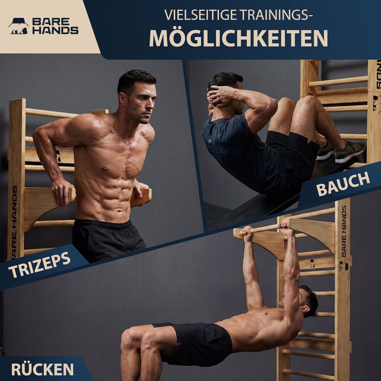 BARE HANDS 3in1 Sprossenwand aus Holz mit Klimmzugstange & Dipstange | Home Gym für Erwachsene & Kinder | bis 200 kg