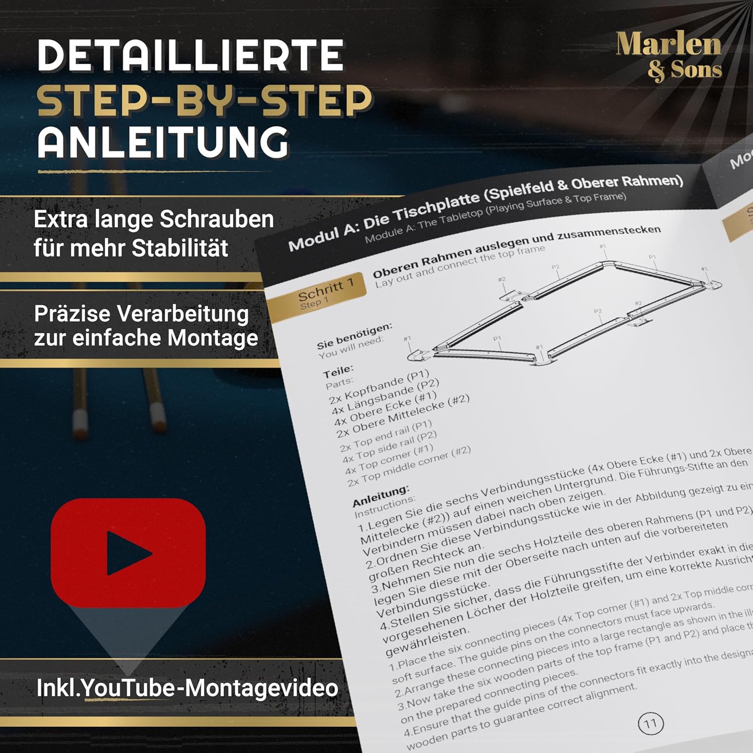 Marlen & Sons Billardtisch - CueMaster 8FT Billard Tisch mit Auto Kugelrückführung - Billardtisch 244 x 132 cm inkl. Zubehör-Komplettset von Marlen & Sons