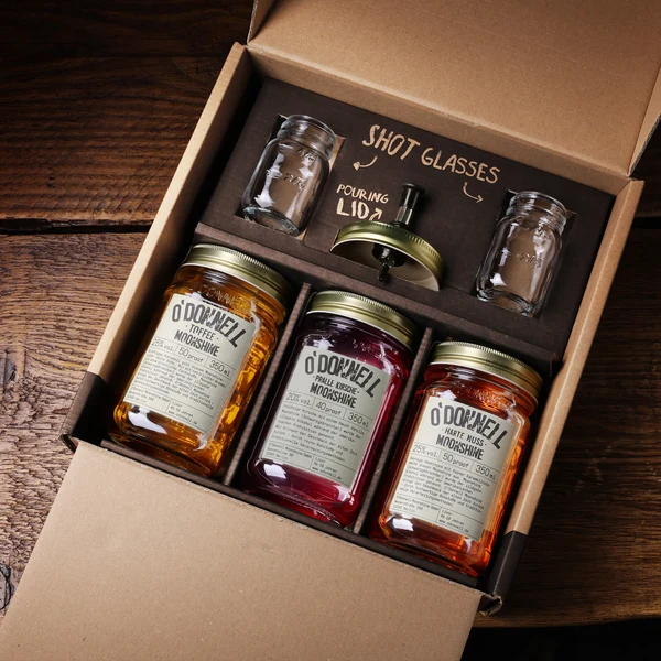 O'Donnell Moonshine Geschenkbox mit Harte Nuss + Pralle Kirsche + Toffee 3 × 350 ml