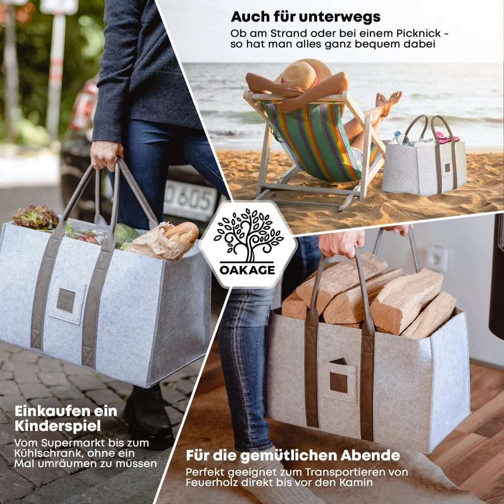 OAKAGE Holzkorb Filzshopper 2er Set Hellgrau aus recyceltem Filz 50 x 33 x 30 cm