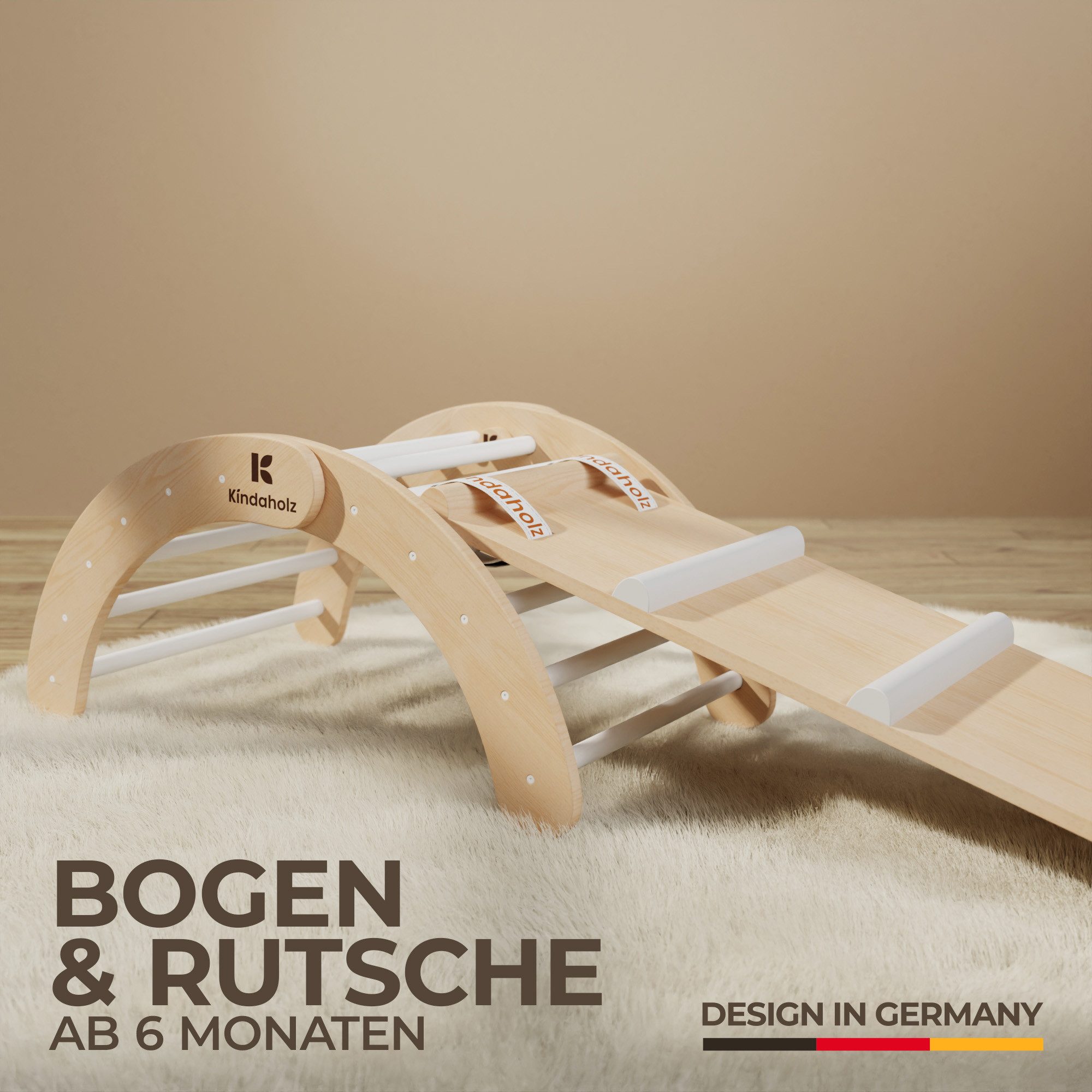 Kindaholz NINA Kletterbogen mit MIKA Rutschrampe Weiß Indoor Kletterset aus FSC Holz