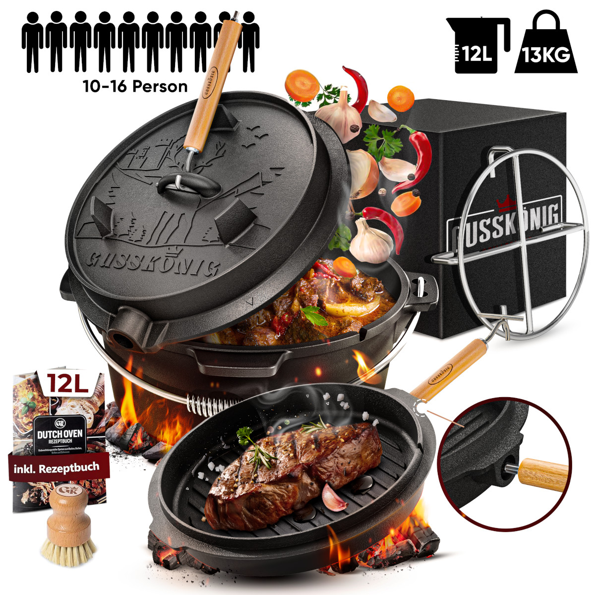 GUSSKÖNIG 12 Liter Dutch Oven Set ohne Füße mit 2in1 Deckelheber