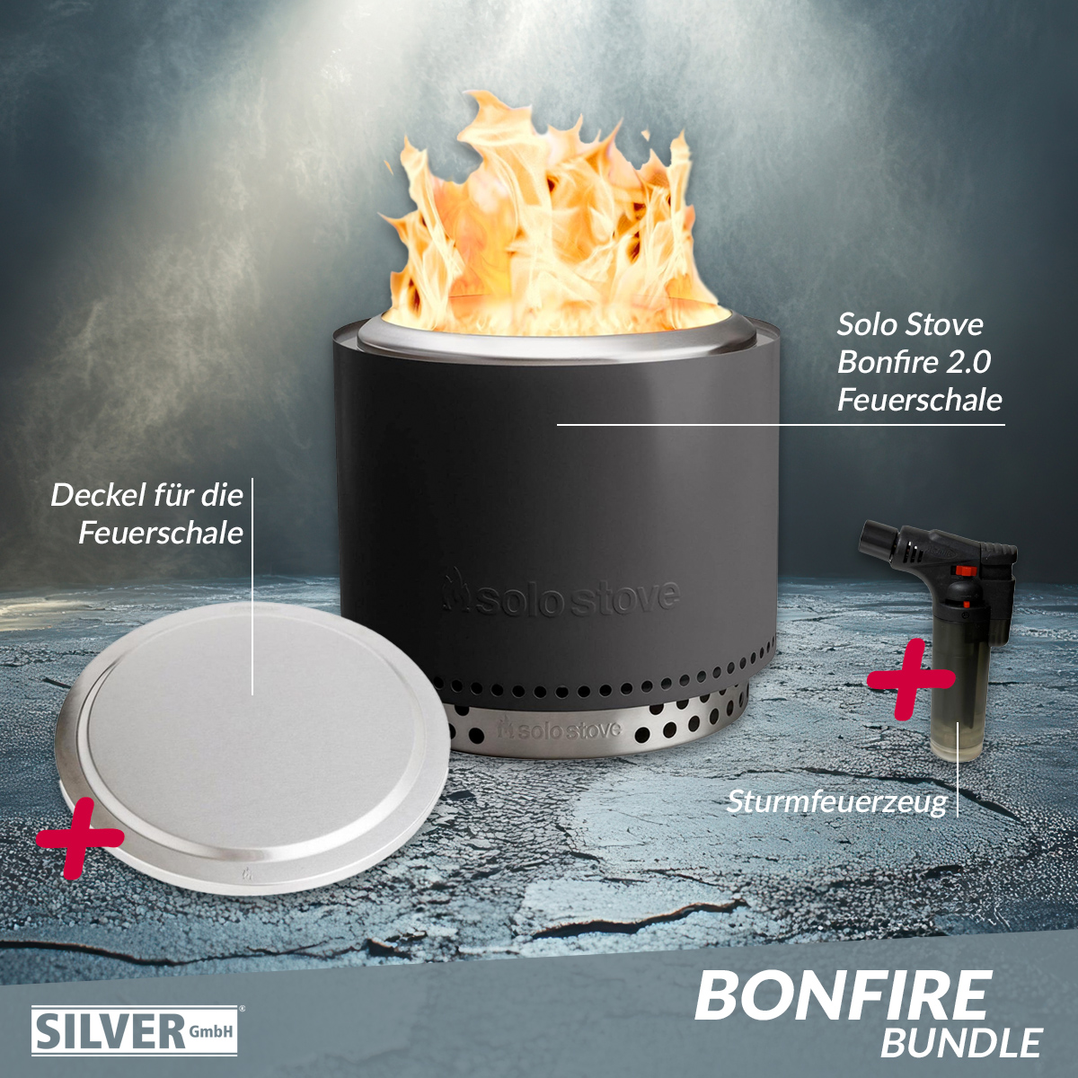 Solo Stove BONFIRE 2.0 + STAND Ash + Edelstahl Deckel + Sturmfeuerzeug