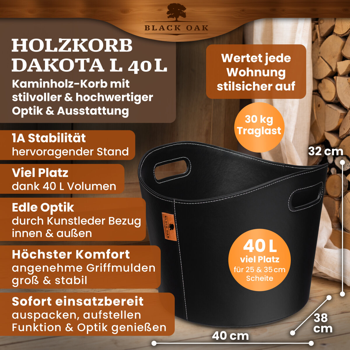 BLACK OAK DAKOTA L 40L Holzkorb Kunstleder schwarz + Handschuhe grau