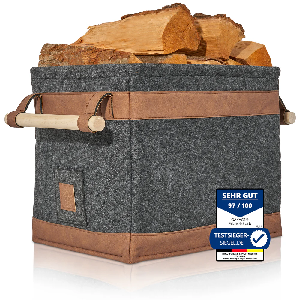 OAKAGE FireMaster Holzkorb Dunkelgrau Filz / Veganes Leder - 42x32x35cm von OAKAGE OAKAGE FireMaster Holzkorb Dunkelgrau Filz / Veganes Leder - 42x32x35cm von OAKAGE