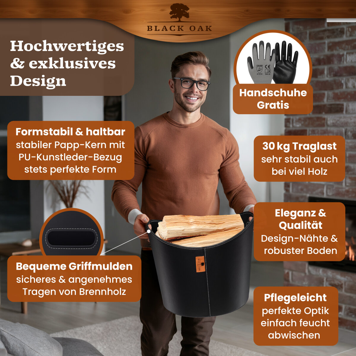 BLACK OAK DAKOTA L 40L Holzkorb Kunstleder schwarz + Handschuhe grau