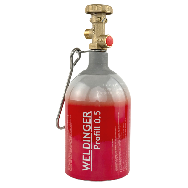 WELDINGER befüllbare Aluminium-Propanflasche Profill 0.5 inkl. Umfüllschlauch, Schnellkupplungen und Haken zum Einhängen von HUW24
