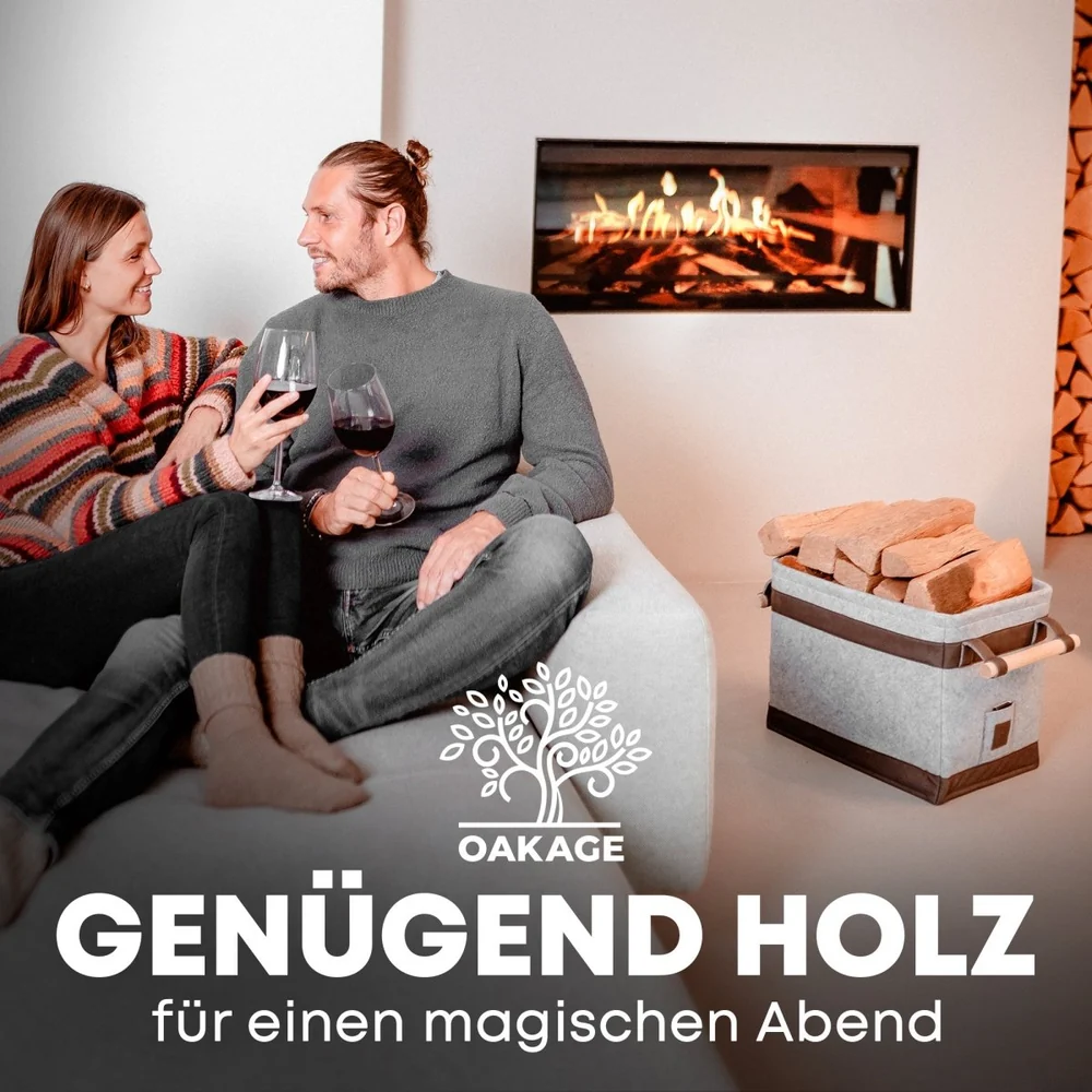 OAKAGE FireMaster Holzkorb Dunkelgrau aus recyceltem Filz mit Buchenholzgriffen - 35x42x35cm