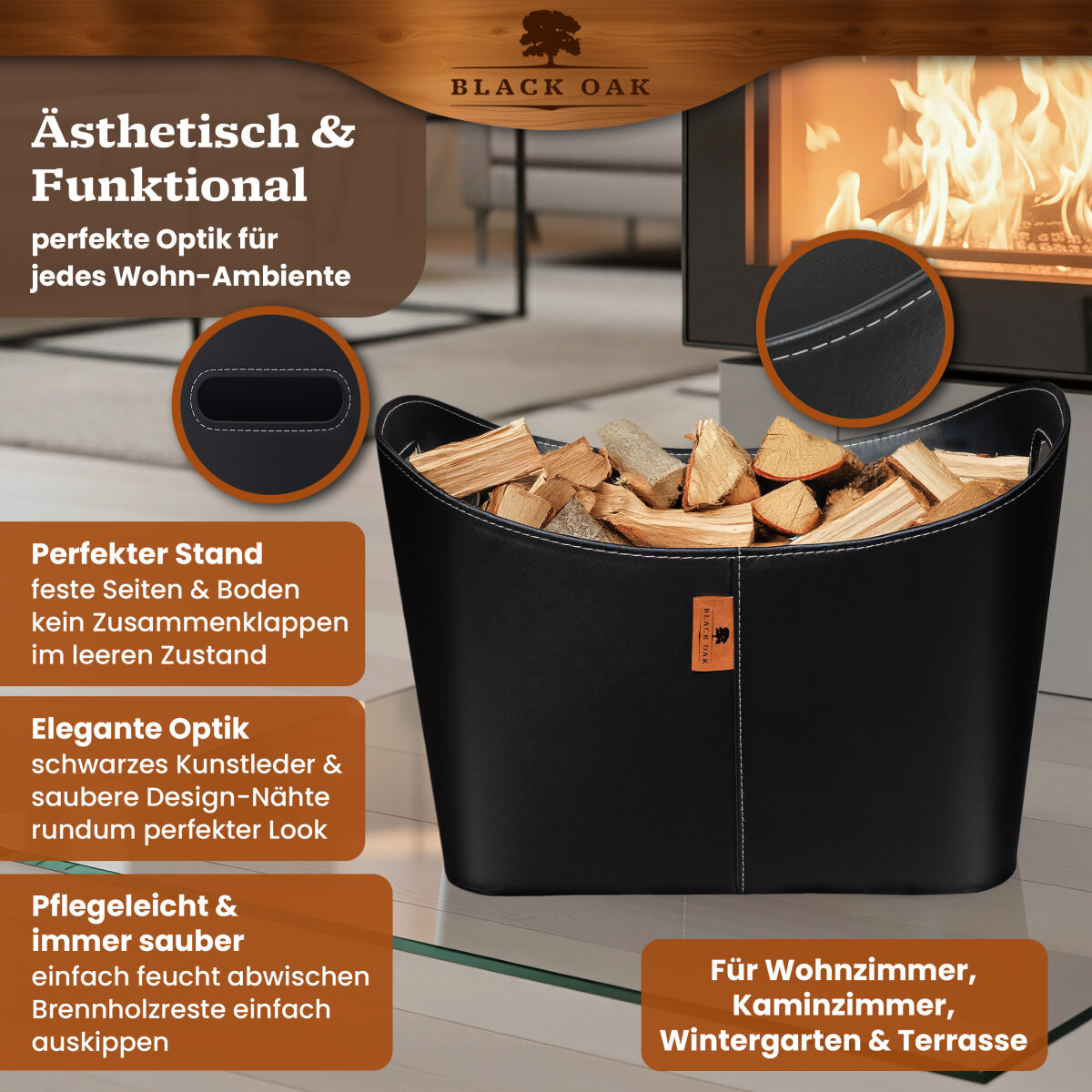 BLACK OAK DAKOTA XL 80L Holzkorb Kunstleder schwarz + Handschuhe grau