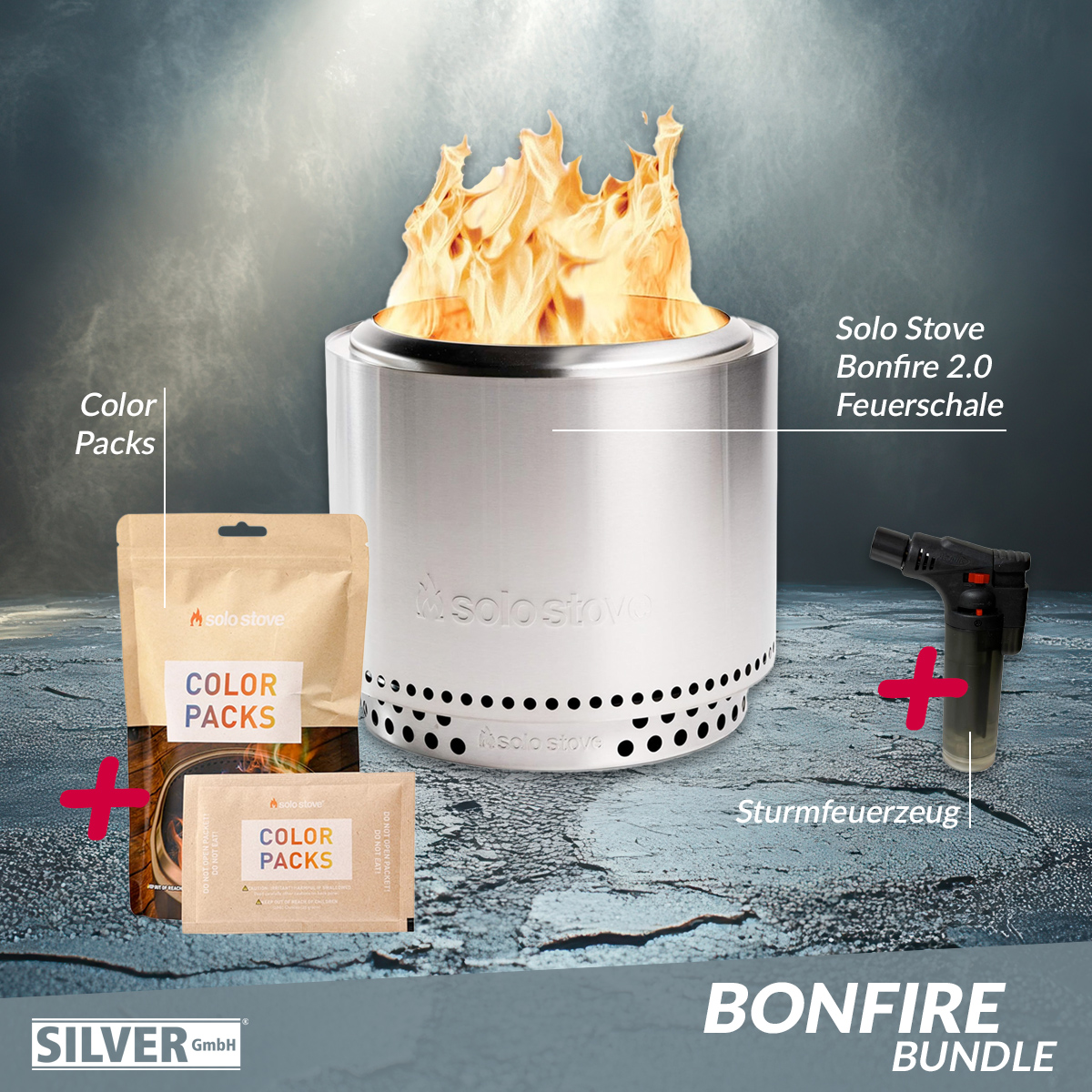 Solo Stove BONFIRE 2.0 + STAND Edelstahl + Buntes Feuer + Sturmfeuerzeug