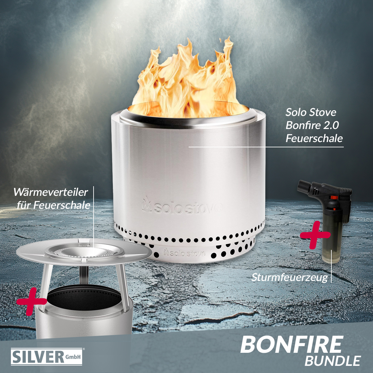 Solo Stove BONFIRE 2.0 Edelstahl Ø 49,5 cm Bundle inkl. Edelstahl Wärmeverteiler + Standfuß + Tragetasche + Sturmfeuerzeug von Solo Stove