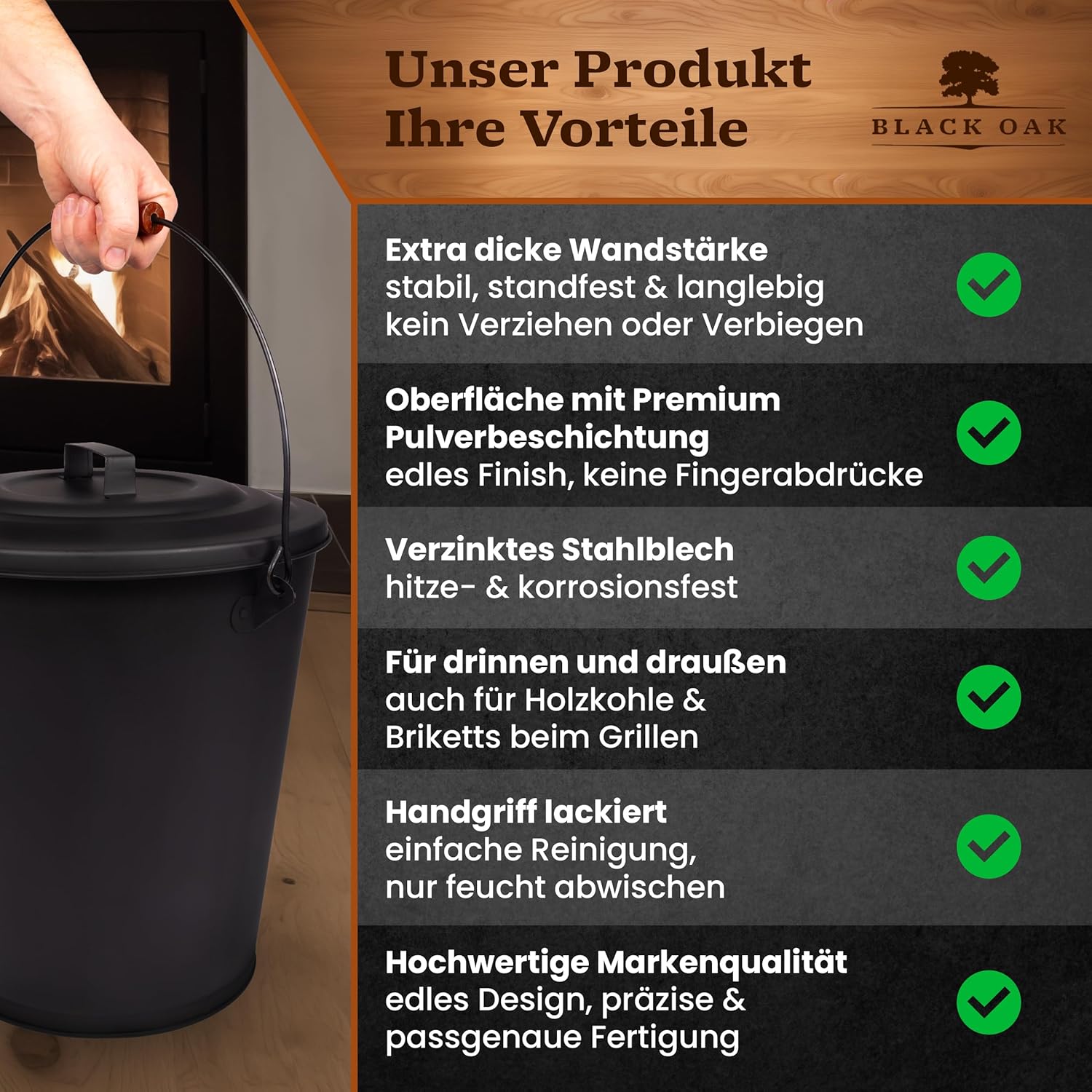 BLACK OAK Asche & Kohle Eimer SANTORINI 25 Liter mit Schaufel & Handfeger von BLACK OAK