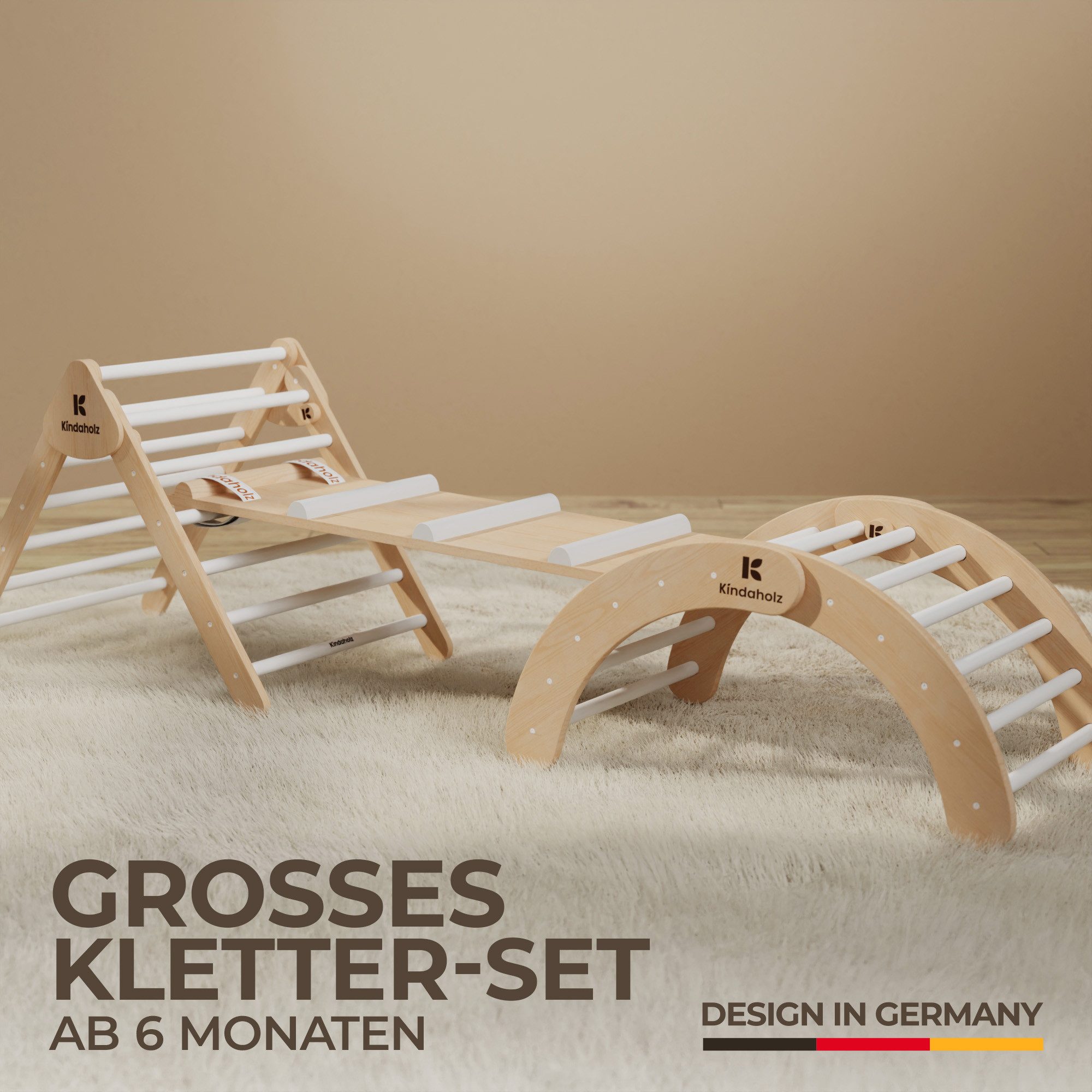 Kindaholz SAMI Kletterdreieck mit NINA Kletterbogen und MIKA Rutschrampe Weiß Indoor Kletterset aus FSC Holz