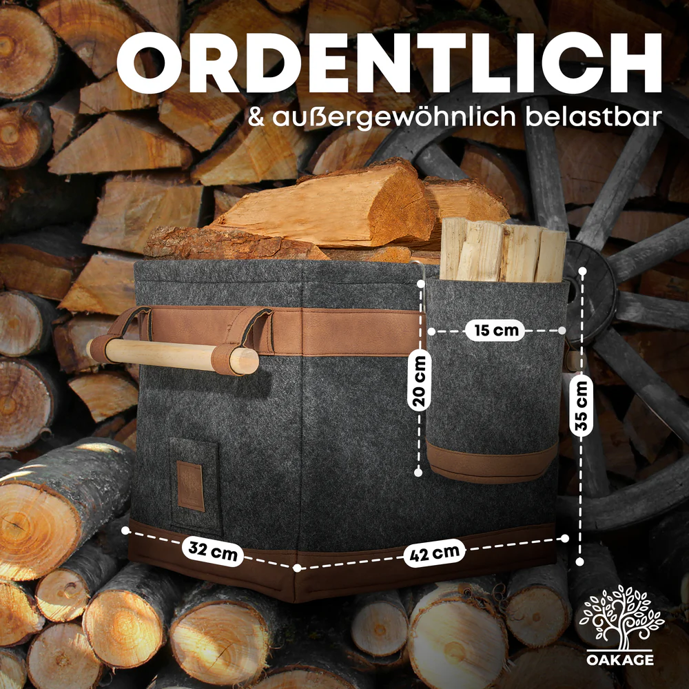OAKAGE FireMaster Duo Holzkorb Dunkelgrau Filz / Veganes Leder - Einhängbarer Zündholzkorb - 42x32x35cm von OAKAGE