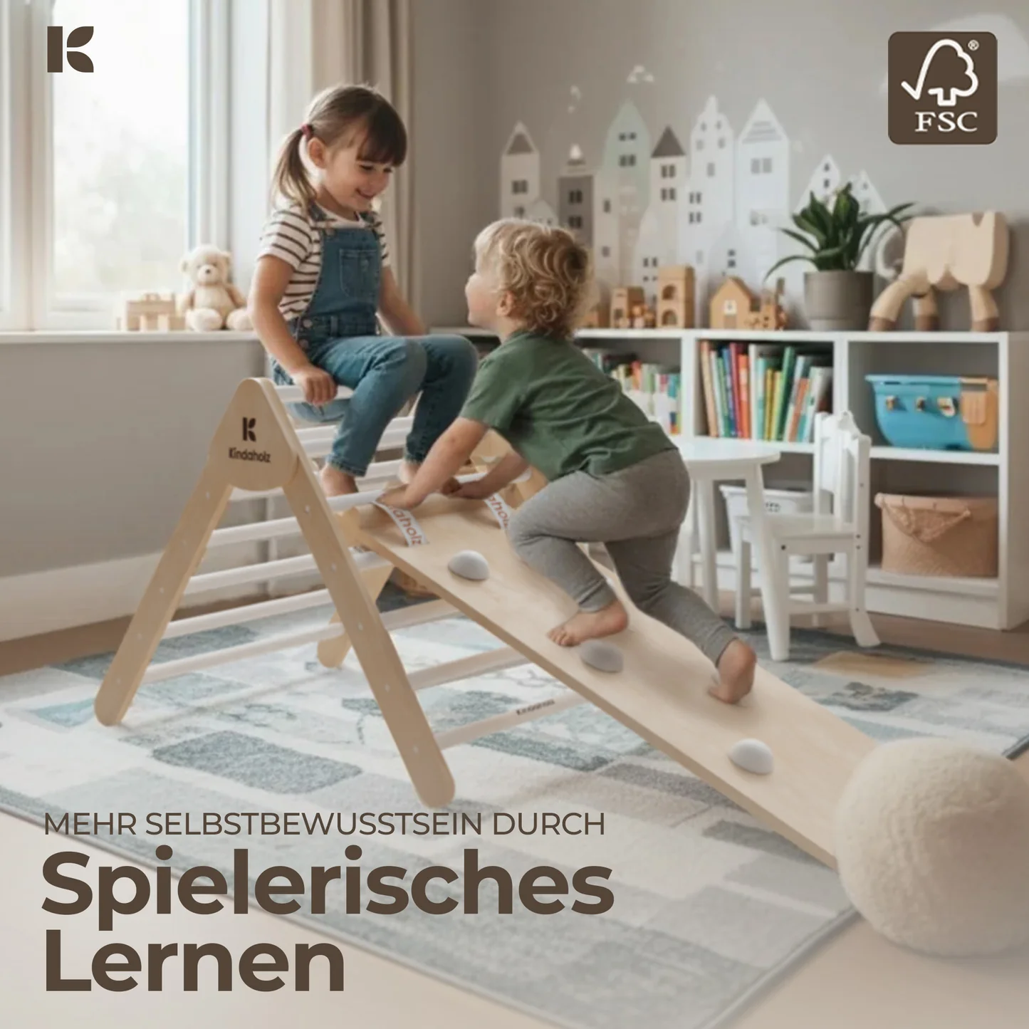 Kindaholz MIKA Rutschrampe Weiß Indoor Kletterrampe aus FSC Holz von Kindaholz