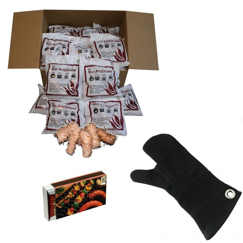 25 Tüten Ritz Bio Kamin & Grill Anzünder + Leder Hitzeschutzhandschuh + 50 Streichhölzer von Feuer-Anzünder.de 25 Tüten Ritz Bio Kamin & Grill Anzünder + Leder Hitzeschutzhandschuh + 50 Streichhölzer von Feuer-Anzünder.de