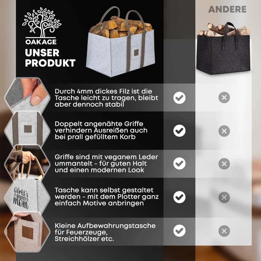 OAKAGE Holzkorb Filzshopper 2er Set Hellgrau aus recyceltem Filz 50 x 33 x 30 cm